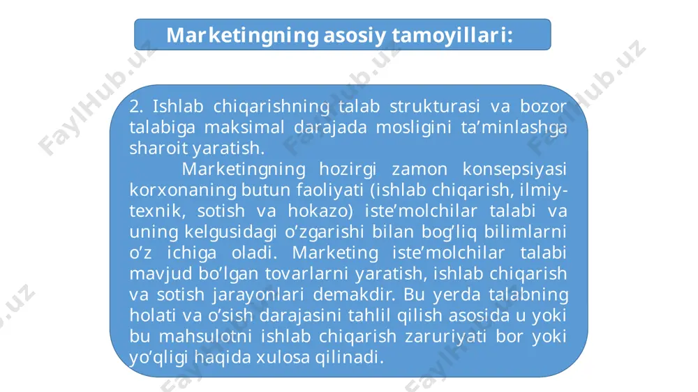i ajratib kursatilgan: tovar (product), narx (price), sotish (place), reklama-ragbatlantirish (promotion). marketing faoliyatida extiyoj va muxtojlikni ayirboshlash orkali kondirish jarayonida albatta inson ishtirok etadi. shuning uchun yukorida kursatib utilgan marketing elementlari tarkibiga 5 “p” xam kiritilib, u kishilar (people) ekanligi aloxida takidlab utilgandir. marketing-miks elementlari kuyidagi chizmada kursatilgan. 1968 yilda f.kotler marketing-miks elementlari tarkibiga pablik-rileyshnz (public relations) va siyosatni (politics) kushib, oldingi 4 “p” ni 6“p” ga kengaytirib kursatdi. 24 marketing tizimi 5 «р» narx siljitish tovarni bozorda joylashtirish insonlar(kishilar) tovarlar, mahsulotlar marketing-miks bu bozorning murakkabligi va harakatchanligiga mos keladigan ko’p o’lchamli marketing strategiyasini har xil birikmalar va bog’lanishlarda ishlab chiqishga imkon beradigan turli xil marketing qurollari to’plamidir. 3. marketing – “miks” tushunchasi. muvaffaqiyatga erishish uchun zarur bo’ladigan amaliy qurollarning nomlari tasdifga ko’ra ingliz tilining r harfidan boshlanadi. marketing faoliyatining ushbu yig’indisini belgilash uchun «4p» formulasi ishlatiladi: product (tovar) — price (narx) — promotion (siljitish) — place (taqsimlash). ba’zi hollarda …