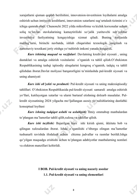 ablag‘larni, birinchi navbatda, ishlab chiqarishni texnologik yangilash va zamonaviy texnikani joriy etishga yo‘naltirish imkoni yanada kengaydi. kurs ishining maqsad va vazifalari: davlatning kredit-pul siyosati , uning dastaklari va amalga oshirish vositalarini o’rganish va tahlil qilish.o’zbekiston respublikasining tashqi iqtisodiy aloqalarini kengroq o’rganish, tadqiq va tahlil qilishdan iborat.davlat moliyasi barqarorligini ta’minlashda pul-kredit siyosati va uning ahamiyati kurs ishi ob’yekti va predmeti: pul-kredit siyosati va uning makroiqtisodiy tahlillari. o’zbekiston respublikasida pul-kredit siyosati samarali amalga oshirish yoʻllari, kutilayotgan xatarlar va ularni bartaraf etishning dolzarb masalalar. pul-kredit siyosatining 2024 yilgacha mo‘ljallangan asosiy yo‘nalishlarining dastlabki konseptual loyihasi kurs ishning tadqiqot uslubi va uslubiyoti: ilmiy ommabop manbalardan to’plangan ma’lumotlar tahlil qilib,xulosa va takliflar qilish. kurs ishi tuzilishi: bajarilgan kurs ishi kirish qismi, ikkitata bob va qilingan xulosalardan iborat. ishda o’rganilishi e’tiborga olingan ma’lumotlar tushunarli ravishda ifodalash uchun chizma jadvallar va rasmlar berildi.ishga qo’yilgan maqsadga erishishi uchun to’plangan adabiyotlar manbalarning nomlari va elektron manzillari keltirildi. i bob. pul-kredit …