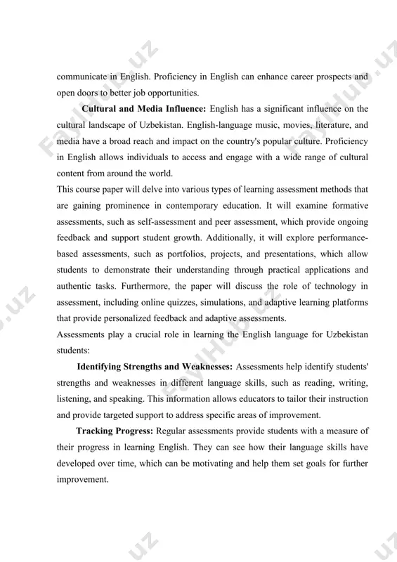 ssments provide a standardized measure of language proficiency, allowing students to gauge their abilities against established benchmarks, such as the common european framework of reference for languages[footnoteref:2] (cefr). this helps in setting realistic goals and measuring progress. [2: classroom assessment and educational measurement 60,p12 susan m. brookhart,p18. ] overall, assessments in english language learning provide valuable insights, promote self-reflection, and guide students on their language learning journey, facilitating better language acquisition and proficiency. assessing student learning is a critical component of the educational process. it allows educators to gauge students' understanding, progress, and mastery of the subject matter. traditionally, assessments have taken the form of tests and quizzes, but as education evolves, so do the methods of evaluating learning outcomes. this course paper aims to explore different types of learning assessment methods that go beyond traditional exams, providing a comprehensive overview of innovative approaches to measuring student achievement. by exploring …