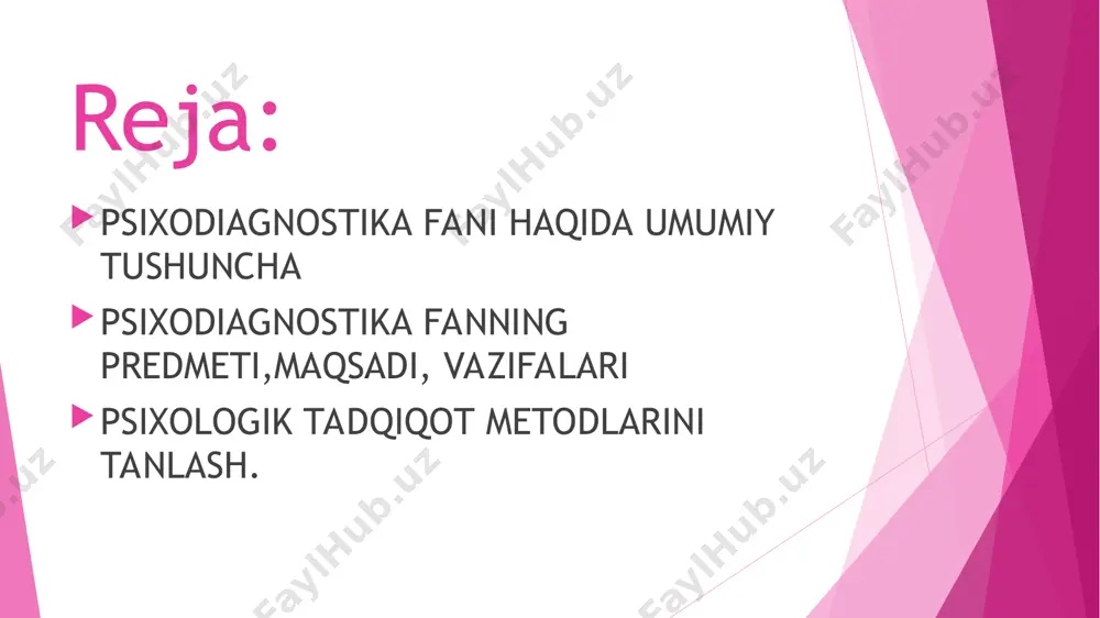 iagnostika» atamasi ilk bor rorshaxning «psixodiagnostika» asari chop etilishidan so‘ng psixiatriyada qo‘llanilgan bo‘lib, u tez orada tibbiyotdan tashqarida ham keng miqyosda ommalasha boshladi. «diagnoz», ya'ni «tashxis» esa shaxs rivojlanishidagi har qanday og‘ishlarni, hattoki uning holat va xususiyatlarining konkret taraqqiyot darajasini aniqlash demakdir. psixodiagnostika – bu maxsus bilimlar sohasi bo‘lib, individ guruhning psixologik taraqqiyot ko‘rsatkichlarini, holat va xususiyatlarini baholash uchun metodikalar majmuini ishlab chiqish bilan bog‘liqdir. psixologiya fani o‘rganayotgan har qanday jarayon psixodiagnostikaning baholash ob'ekti bo‘lishi mumkin. masalan: o‘zaro hamkorlik qilayotgan shaxslarning xatti-harakatlari va muloqotida yuzaga keladigan, alohida bir odam sezgisidan boshlab, murakkab ijtimoiy- psixologik jarayongacha. psixodiagnostika fanining nazariy vazifalari quyidagilardan iborat: psixik ko‘rinishlar tabiati va ularni ilmiy jihatdan printsipial baholashning imkon darajasini aniqlashtirish; hozirgi paytda psixologik ko‘rinishlarning miqdorini baholash va uning ilmiy asoslanganlik holatini o‘rganish; psixodiagnostik usul va uslublarning asosiy metodologik talablari nimalardan iborat; psixodiagnostik tadqiqotning shart-sharoitlari, natijalarni qayta ishlash hamda ularni interpretatsiya qilish usullarining ishonchliligi nimalarga asoslangan; test va …