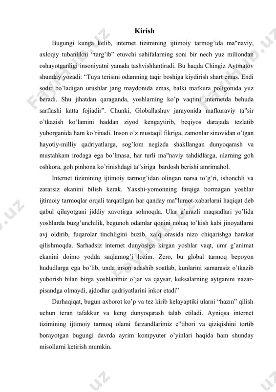nda inson adashib soatlab, kunlarini samarasiz o’tkazib yuborish bilan birga yoshlarimiz o’jar va qaysar, keksalarning aytganini nazar-pisandga olmaydi, ajdodlar qadriyatlarini inkor etadi” darhaqiqat, bugun axborot ko’p va tez kirib kelayaptiki ularni “hazm” qilish uchun teran tafakkur va keng dunyoqarash talab etiladi. ayniqsa internet tizimining ijtimoiy tarmoq olami farzandlarimiz e‟tibori va qiziqishini tortib borayotgan bugungi davrda ayrim kompyuter o’yinlari haqida ham shunday misollarni ketirish mumkin. bugun dunyo aholisining 90 % dan ortig’ida ijtimoiy tarmoqlardan foydalanish imkoniyati mavjud. foydalanayotganlar soni ham yildan-yilga ortib bormoqda. mutaxassislarning hisob-kitoblariga ko’ra insonlarning ijtimoiy tarmoqda sarflaydigan minimal vaqti 3 soatni tashkil etadi. bir qarashda kishini xavotirga soladigan hech narsa yo’qdek. inson bu 3 soat mobaynida turli hududlarda yashaydigan yaqinlari, tanishlari, qarindoshlari bilan muloqot qilmoqda, bunda nima notabiylik bor deb o’ylash mumkin. albatta, ushbu muloqot jarayonlarining ijobiy tomonlarini inkor etib bo’lmaydi. biroq, ijtimoiy tarmoqlarda faqat ezgu niyatni ko’zlagan insonlar o’tirmasligini o’nlab misollar bilan asoslash mumkin. muammoni umumiy ma’noda …