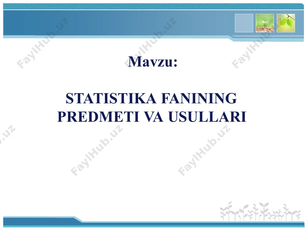gi fandir. u raqamli ma’lumotlarni to’plash, tasniflash, umumiylashtirish, tizimlashtirish, tahlil qilish, taqdimot va talqin qilishni o’z ichiga oladi. statistikaning mohiyati statistika deganda mamlakatning iqtisodiy va sotsial rivojlanishi haqida ma’lumotlarni to’plovchi, umumlashtiruvchi va chop qiluvchi organ, ya’ni statistika organlari tushuniladi statistika deganda biror-bir hodisa haqidagi raqamlar yig’indisi tushuniladi statistika deganda raqamli ma’lumotlarni to’plash va interpretatsiya (izohlash, talqin qilish) metodlarini o’rgatuvchi fan tushuniladi statistik usullarning guruhlari statistik kuzatishnini tashkil etish va o’tkazish usullari statistik kuzatish ma’lumotlarni qayta ishlash jarayonida qo’llaniladigan guruhlash usullari to’plangan ma’lumotlarni umumlashtirish usullari 5. ma’lumotlarning turlari ma'lumotlar manbai ilgari chop etilgan ma'lumotlardan foydalanish tajribani ishlab chiqish tashkiliy masalalar kuzatish turlari ehtimollik aniqlilik e'tik masalalar kuzatish natijalarini tadqiq etish statistik ko’rsatkichlar “t – sxemasi” metodi statistik ko’rsatkichlar mutloq miqdorlar nisbiy miqdorlar mutloq miqdorlarning o‘lchov bir­liklari quyidagicha bo‘ladi: “baliq skeleti” chizmasi metodi natural o‘lchov birliklari aralash o‘lchov birliklari shartli natural o‘lchov birliklari pul o‘lchov birligi mutloq miqdorlarning o‘lchov bir­liklari quyidagicha bo‘ladi …