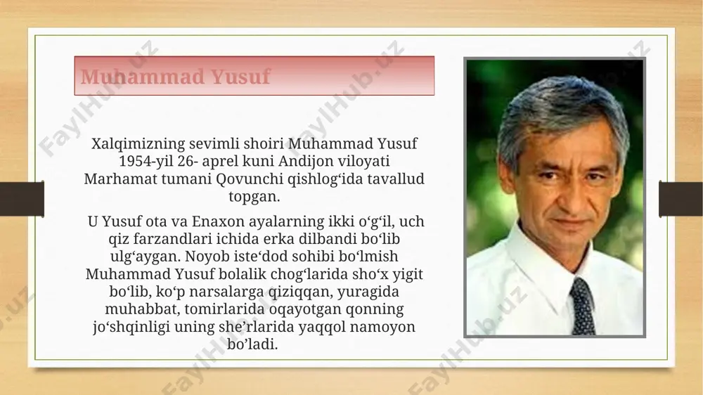 assamlashgan. ish faoliyati -muhammad yusuf respublika kitobxonlar jamiyatida muharrir(1980-1982); -“toshkent oqshomi” gazetasida muxbir(1982-86); -“g’. g’ulom” nomidagi adabiyot va san’at nashriyotida muharrir; -respublika axborot akentligida bosh muharrir o’rinbosari; -“vatan” tahriryatida maxsus muxbir; -“tafakkur” jurnalida bo’lim boshlig’i; -o’zbekiston yozuvchilar uyushmasida adabiy maslahatchi; 1997-yildan umrining oxirgi kunlariga qadar mazkur uyushma raisining yoshlar bilan ishlash bo’yicha o’rinbosarlari lavozimida ishlagan. muhammad yusuf xalqimizga qilgan fidoyi xizmatlari uchun: — 1996 – yili “do’stlik” ordeni; — 1998 – yilda “o’zbekiston xalq shoiri” faxriy unvonlariga sazovor bo’lgan. muhammad yusuf ijodi keyingi davr o‘zbek qo‘shiqchiligi rivojida muhim o‘rin tutadi. milliy san’atimizning eng yirik va iste’dodli vakillaridan tortib , havaskor qo‘shiqchilarigacha shoir she’rlarini kuyga soladilar. xalq shoiri muhammad yusuf 2001-yil 31-iyulda qoraqalpog‘istonning ellikqal’a tumaniga qilingan ijodiy safar chog‘ida yurak xurujidan vafot etdi. garchi u vafot etgan bo’lsa-da, lekin u odamlar yuragida mangu yashaydi, muhammad yusuf xalqning qalbidir!… xulosa qilib shuni aytishim mumkinki, hamma inson ham vatan, ona deya kuylashi mumkin-u, …