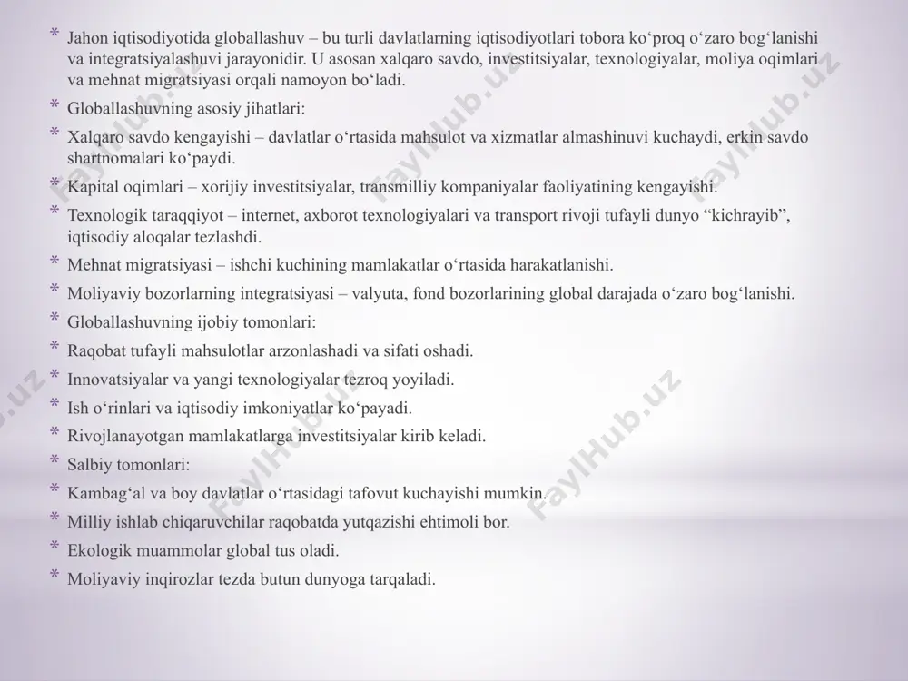 k jamiyati institutlari va xususiy sektor bilan ham yaqin hamkorlikda ishlashga intilmoqda. bu esa ularning faoliyat doirasini yanada kengaytirib, global boshqaruvning demokratik va inklyuziv shakllarini rivojlantirishga xizmat qilmoqda. 1. jahon iqtisodiyotining rivojlanish konsepsiyalari xalqaro ijtimoiy-iqtisodiy rivojlanish — bu bir nechta davlatlar yoki xalqaro subyektlar tomonidan tashkil etilgan hamda global yoki mintaqaviy miqyosda iqtisodiy va ijtimoiy sohalardagi muammolarni hal qilish, mamlakatlar o‘rtasidagi hamkorlikni rivojlantirish va muvofiqlashtirishga qaratilgan tashkilotlardir. mohiyatining asosiy jihatlari quyidagilardan iborat: davlatlar o‘rtasidagi ijtimoiy-iqtisodiy manfaatlarni uyg‘unlashtirish; xalqaro iqtisodiy aloqalarni boshqarishda institutsional mexanizm bo‘lish; kambag‘allik, ishsizlik, global sog‘liqni saqlash, ta’lim, atrof-muhit muammolari kabi masalalarni hal etishga ko‘maklashish; taraqqiy etayotgan davlatlarga yordam berish va ularni global iqtisodiyotga integratsiyalashga xizmat qilish. misollar: xalqaro valyuta jamg‘armasi (xvj), jahon banki, jst, bmt, ilo (mehnat tashkiloti) va boshqalar. 2. globallashuv jarayonidagi muhim vazifalar. bu tashkilotlar turli yo‘nalishlarda faoliyat olib boradi. ularning asosiy vazifalari quyidagilardan iborat: a) iqtisodiy vazifalar: mamlakatlar o‘rtasidagi savdo-sotiqni tartibga solish; moliyaviy barqarorlikni …