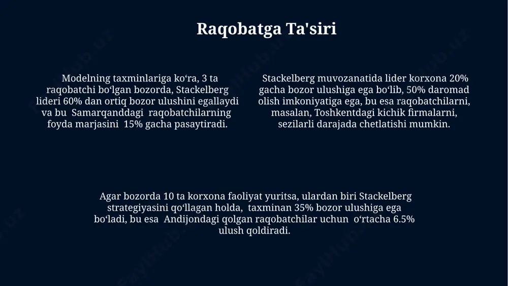 asi, ya'ni raqibining harakatlariga javoban optimal strategiyasini topish kerak, bu esa 5-10 ta iteratsiyadan so'ng aniqlanadi. stackelberg muvozanatining aniqlanishi ikki yoki undan ortiq firma ishtirok etadigan o'yin nazariyasi modeliga asoslanadi, bunda 1-firma 2-firmadan oldin strategiyasini tanlaydi, masalan, 2023-yilda toshkentda amalga oshirilgan tadqiqotda ko'rsatilganidek. liderning strategiyasi liderning strategiyasi, raqobatdosh muhitda, 30% bozor ulushiga erishish uchun, narxlarni pasaytirish yoki mahsulot sifatini yaxshilash kabi turli xil taktikalarni o'z ichiga olishi mumkin. stackelberg muvozanatida liderning strategiyasi, masalan, 2 ta firma bozorida, birinchi firma (lider) ikkinchi firmaning (kuzatuvchi) reaksiyasini hisobga olgan holda, 100 birlik mahsulot ishlab chiqarish hajmiga ega bo'lishi mumkin. liderning optimal strategiyasi, shuningdek, bozorning xususiyatlari, masalan, 5% lik soliq stavkalari va iste’molchilarning talabining egri chizig’i, kabi omillarga bog'liq bo'ladi. bu esa aqsh bozorida strategiyani o'zgartirishni talab qilishi mumkin. o'yin daraxtining qurilishi oʻyin daraxtining tuzilishi 5 ta tugun va 7 ta shoxdan iborat boʻlib, har bir shox maʼlum bir toʻlov funksiyasi va ehtimolliklar bilan …