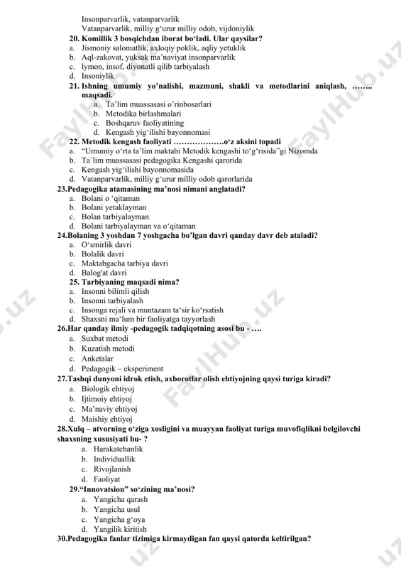 uqliligi. ixtiyoriy, erkin nikoh d. ixtiyoriy, erkin nikoh va erkin ajralish oila jamiyat va davlat muhofazasida 15. …………o`quvchilаrning ilmiy bilimlаr hаmdа turli fаnlаr аsоslаrini o`zlаshtirishgа yo`nаltirilgаn fаоliyati turidir. a. b. o`z-o`ziga xizmat qilish c. ijtimoiy-foydali mеhnat d. o`quv mеhnаti e. jismoniy mehnat 15.chiniqish, o ‘yinlar, sog‘lom tan, harakat tushunchalari tarbiyaning qaysi turiga tegishli? a. jismoniy tarbiya b. ekologik tarbiya c. mehnat tarbiyasi d. axloqiy tarbiya 16.estetik tarbiyaning asosiy vazifalarini ko’rsating. a. axloqiy did va ongni, xulq-atvor ko‘nikmalari va odatlarini rivojlantirish b. jismoniy rivojlantirish, sog’liqni saqlash, tozalik-sog’lik tarbiyasi c. estetik ehtiyojni tarbiyalash, estetik tushuncha did va badiiy qobiliyatlarini rivojlantirish d. intizomlik, sofdillik, mehr - oqibat va insonparvarlikni tarbiyalash 17. go‘zallik, kiyinish, tozalik, yurish-turish, saramjon-sarishtalik qaysi tarbiya turining tarkibiy qismiga kiradi? a. axloqiy tarbiya b. estetik tarbiya c. ekologik tarbiya d. huquqiy tarbiya 18. milliy tarbiya mezonlarini belgilashda nimalar e’tiborga olinadi? a. o‘quvchilarning bilish qobiliyatlari b. o‘quvchilarning yoshi, aqliy imkoniyatlar c. o‘quvchilarning …