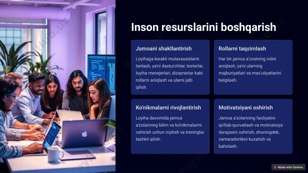 lash. mablag'lardan samarali foydalanish loyihada mablag'lardan oqilona foydalanish va keraksiz harajatlarning oldini olish. moliyaviy nazorat loyihaning moliyaviy ko'rsatkichlarini kuzatish va byudjetdan oshib ketishning oldini olish uchun harajatlarni nazorat qilish. texnik resurslarni boshqarish 1 uskuna va dasturiy ta'minotni ta'minlash loyihani amalga oshirish uchun kerak bo'lgan kompyuterlar, serverlar, dasturiy ta'minotlar va boshqa uskunalarni ta'minlash. 2 texnik resurslarning o'z vaqtida yangilanishi ish uchun zarur dasturlarni va uskunalarni yangilab borish. 3 texnik qo'llab-quvvatlash texnik muammolarni tezda hal qilish va ish faoliyatini to'xtatmaslik uchun texnik xizmat ko'rsatish. 4 xavfsizlik choralari loyihada foydalanilayotgan texnik resurslarning xavfsizligini ta'minlash. ma'lumot resurslarini boshqarish ma'lumotlarni yig'ish va saqlash loyiha uchun kerakli barcha ma'lumotlarni yig'ish va xavfsiz saqlash. ma'lumotlar xavfsizligi ma'lumotlarni himoyalash uchun xavfsizlik choralarini ko'rish va noqulay holatlardan himoya qilish. ma'lumotlarga kirishni boshqarish jamoa a'zolarining kerakli ma'lumotlarga kirishini ta'minlash va kirishni cheklash. ma'lumotlarni yangilash va arxivlash ma'lumotlarni doimiy yangilab borish va ishlatilmaydigan ma'lumotlarni arxivlash. pul push strategiyasi ma'lumotlarning faol yetkazib …