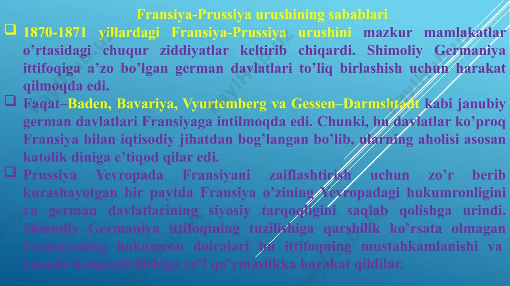 ari bo’lmish elzas va lotaringiyani egallashga harakat qildilar. germaniyani birlashtirish uchun fransiyaga qarshi urushni shimoliy germaniya ittifoqiga a’zo davlatlar aholisining derli barcha tabaqalari yoqlab chiqdi. urushga bahona shimoliy germaniya ittifoqi reyxstagida ittifoq aholisining 1% miqdorida armiyani kengaytirish haqida qonun qabul qilindi. bunday armiyani ta’minoti uchun yetarli darajada mablag’ ham ajratildi. german davlatlarida urushga tayyorgarlik ishlari nihoyasiga yetdi. endi urush boshlash uchun bahona kerak edi. yevropa mamlakatlari matbuotida ispaniya qirolining vafotidan so’ng bo’shab qolgan taxtga prussiyalik gogensollernlar sulolasining vakili shahzoda leopold nomzodi tavsiya qilinayotganligi to’g’risida habar paydo bo’ldi. ispaniya taxtiga gogensollernlar vakili o’tiradigan bo’lsa, bu prussiya mavqyeini kuchaytirar edi, biroq shahzoda leopold tezda o’z nomzodini olganligiga qaramasdan, napoleon iii ems shahrida dam olayotgan prussiya qiroli huzuriga fransuz elchisi benedettini yuborib, unga ispaniya taxtiga gogensollernlarning hech bir vakili o’tirmasligi haqida qiroldan yozma ravishda majburiyat olib kelish vazifasini yuklatdi. prussiya qiroli bunday majburiyatni berishga rozi bo’lmadi, ammo muzokaralarni yana davom ettirishni va’da qildi. …