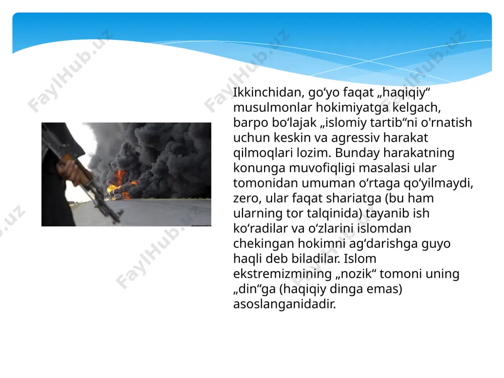 m bilan duch kelgan va uning asoratlaridan aziyat chekkan birinchi davlat emas. u bugun jahonning ko’plab mamlakatlari xavfsizligiga tahdid solayotgan illatdir. ma`lumki dunyoda hech bir din u hoh xristianlik bo‘lsin, hoh buddizm, yahudiylik dini bo‘ladimi insonlarni hech qachon yovuzlikka, qo‘poruvchilikka, qo‘rqitishga, odam o‘ldirishdek jirkanch bir holatlarga da`vat qilmaydi, balki insonlarni ezgulikka, diyonatga, halollikka undovchi vosita bo‘lib xizmat qiladi. shunday ekan diniy ekstremistik guruhlarning “din” yo‘lida olib borayotgan qo‘poruvchilik harakatlari mutloqo asossizdir. yuqorida keltirib o‘tgan dinlardek islom dini ham ezgulik dini ekanligiga hech bir shak-shubha yo‘q. lekin hozirgi kunda butun dunyoda olib borilayotgan ekstremistik va terroristik harakatlarning aksariyati aynan islom dini niqobi ostida sodir e`tilayotganligi muqaddas dinimizga bo’lgan munosabatni biroz salbiylashtirayotganligi bor gap. ayniqsa hozirgi kunga kelib butun dunyoga xavf solayotgan terrorchilik guruhlarining eng yirigi, o‘zlarining ta`biri bilan aytganda “iroq va shom islom davlati”dir. bir nechta yirik terrorchi guruhlarning o‘zaro birlashishidan tashkil topgan, niyatlari o‘z bayrog‘idek qora, hali hech bir davlat …