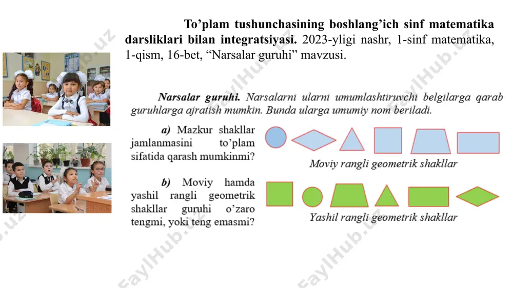 ‘plam osti (qism to‘plamlar) tushunchasi yuzasidan hayotiy masalani tahlil etamiz. masala. anvar istiroxat bog‘ida nishonga qaratib kamondan o‘q otmoqda. agar unga 3 dona 10-, 20- va 45- nomerlar bilan raqamlangan o‘qlar berilsa, u otgan o‘qlarning nishonga tegishi yuzasidan qanday holatlar sodir bo‘lishi mumkin? agarda holatlar takrorlanmasa, ko‘pi bilan nechta vaziyat sodir bo‘ladi? yechim metodikasi: 1-holat. barcha o‘qlar nishonga tegishi mumkin, ya’ni 10-, 20 va 45-nomerlar bilan raqamlangan o‘qlar nishonga tekkan, nishonga tegmagan o‘qlar esa, mavjud emas. ushbu holatda nishonga tekkan o‘qlar to‘plami – {. 1 2-holat. nishonga 2 ta o‘q tegib, 1 tasi tegmasligi mumkin, ya’ni 10- va 20-nomerlar bilan raqamlangan o‘qlar nishonga tekkan, bu holatda 45-nomer bilan raqamlangan o‘q nishonga tegmagan. ushbu holatda nishonga tekkan o‘qlar to‘plami – {. 3-holat. nishonga 2 ta o‘q tegib, 1 tasi tegmasligi mumkin, ya’ni 10- va 45- nomerlar bilan raqamlangan o‘qlar nishonga tekkan, bu holatda 20-nomer bilan raqamlangan o‘q nishonga tegmagan. ushbu holatda …