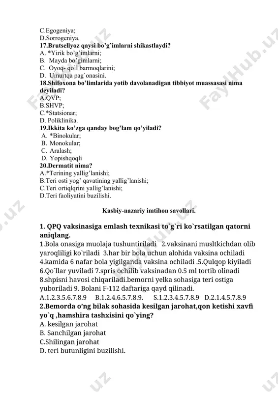 itmini yozing (bu ochiq test, javob algoritm shaklida to`liq yoziladi) 4.maniakal psixozlarga xos belgilarni ko‘rsating: a. ko‘p gapirish, ko‘p kulish, yoshiga mos kelmaydigan qiliqlarni qilish b. kayfiyatning pasayishi, g‘amginlik, manmansirashlik s. suitsidga moyillik, qo‘lini tez-tez yuvish, depressiyaga tushish d. ko‘p gapirish, ko‘p kulish, yoshiga mos kelmaydigan qiliqlarni qilish. 5.tizza soxasiga quyiladigan bog`lam: a. toshbaqasimon * b. boshoqsimon c. spiralsimon d. aylanasimon 6.qariyalarda gipertoniya krizida qanday yordam korsatiladi? a. * jismonan va ruhiy osoyishtalik. oyoq qullarga issiq vanna . bosh soxasiga sovuq kompress. magniy sulfat. 25% li 5-10 ml muskul orasiga, tomir ichiga yuboriladi laziks. 0,25 g tomir ichiga 15 ml fiziologik eritma bilan asta-sekin yuboriladi. dibazol. 1% li 4-6-10 ml tomir ichiga yuboriladi yoki 5 ml eritmasi muskul orasiga yuboriladi. aminazin. 2,5% li eritmasi 1-5 ml dan muskullar orasiga inyeksiya qilinadi. b. qatiy yotish tartibi. nitrogliserin -1tabletkadan til tagiga tashlanadi, xar 5-minutda 3-martagacha. dimedrol 1% li eritmasi 1-5 ml miqdordagi …