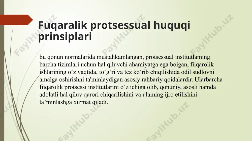 shi, e'tiqodi, shaxsiy va ijtimoiy mavqeidan qat’i nazar, qonun oldida tengdirlar. undan tashqari, mazkur prinsip fpkning 6- moddasida va «sudlar to‘g‘risida»gi qonunning 6-moddasida ham o‘z ifodasini topgan bo‘lib, mazkur normalarga ko‘ra, fuqarolik ishlari bo‘yicha odil sudlov faqat sud tomonidan hamda barcha fuqarolarning jinsi, irqi, millati, tili, dini, ijtimoiy kelib chiqishi, e’tiqodi, shaxsiy va ijtimoiy mavqei, shuningdek, boshqa holatlardan qat’i nazar, qonun va sud oldida tengligi asosida amalga oshiriladi. bu esa mazkur prinsip bir vaqtning o'zida sud tuzilishi va sud protsessini belgilab beradigan tashkiliy-funksional prinsip ekanligidan dalolat berib, nafaqat fuqarolik sud ishlarini yuritishda, balki xo‘jalik, jinoyat sud ishlarini yuritishga ham xos bo‘lgan prinsip ekanligini ko'rsatadi. sud ishlari yuritiladigan til prinsipi konstitutsiyaning 115-moddasida mustahkamlab qo'yilgan. bu esa o‘zbekiston respublikasida sud ishlarini yuritish o'zbek tilida, qoraqalpoq tilida yoki muayyan joydagi ko'pchilik aholi so'zlashadigan tilda olib borilishi, sud ishlari olib borilayotgan tilni bilmaydigan sudda qatnashuvchi shaxslaming taijimon orqali ish materiallari bilan to‘la tanishish va …