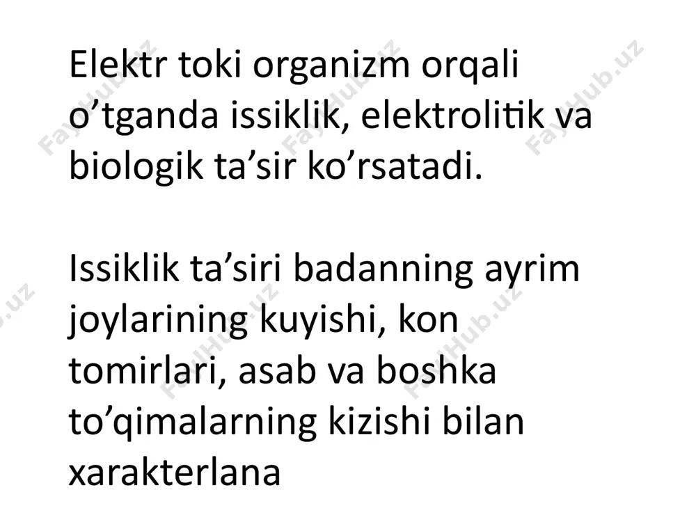 a mexaniq shikastlanishlar elektr izlari tok ta’sir etgan odamning tanasi sirtida aniq ko’rinib turadigan kulrang yoki och sarik rangdagi doglardir. izlar, tirnalishlar, kichik jaroxatlar, kesiklar yoki latlar ko’rinishida bo’ladi. terining shikastlangan qismi kadok singari kattiklashib koladi. terining metallanishi - elektr yoyi ta’sirida erigan metall mayda zarralari terining ustki katlamiga kirib kolishidir. bu xodisa, masalan, kiska to’tashuvlarda, kuchlanish ostida bo’lgan ajratgich va rubilniklarni tarmokdan uzayotganda ruy beradi. mexaniq shikastlanishlar odam orqali o’tayotgan tok ta’sirida mushaklarning ixtiyorsiz ravishda keskin tortishib kolishi okibatida yuz beradi. natijada teri, kon tomirlari va asab to’qimalari uzilishi, shuningdek, buginlar chiqishi va xatto suyaklar sinishi mumkin. elektr toki o’rinishi deganda, organizm orqali elektr toki o’tganida tirik to’qimalarning asabiylashishi natijasida mushaklarning ixtiyorsiz ravishda tortishib kolishi tushiniladi. odam organizmiga elektr tokining ta’siri kanday okibatlarga olib kelishiga karab, elektr toki o’rinishi shartli ravishda kuyidagi turt darajaga ajratish mumkin: i daraja - odamning mushaklari tortishib koladi, ammo u xushidan ketmaydi; ii daraja …