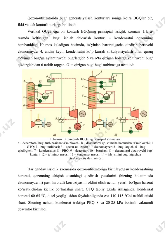 konturli turlarga bo‘linadi. vertikal quga ega bir konturli bgqning prinsipial issiqlik sxemasi 1.1, a-rasmda keltirilgan. bug‘ ishlab chiqarish konturi – kondensatni qozonning barabanidagi 10 mos keladigan bosimda, to‘yinish haroratigacha qizdirib beruvchi ekonomayzer 4, undan keyin kondensatni ko‘p karrali sirkulyatsiyalash bilan quruq to‘yingan bug‘ga aylantiruvchi bug‘latgich 5 va o‘ta qizigan holatga keltiruvchi bug‘ qizdirgichidan 6 tarkib topgan. o‘ta qizigan bug‘ bug‘ turbinasiga uzatiladi. 1.1-rasm. bir konturli bgqning prinsipial sxemalari: a – deaeratorni bug‘ turbinasidan ta’minlovchi; b – deaeratorni qo‘shimcha konturdan ta’minlovchi; 1 – gtq; 2 – bug‘ turbinasi; 3 – qozon-utilizator; 4 – ekonomayzer; 5 – bug‘latgich; 6 – bug‘ qizdirgichi; 7 – kondensator; 8 – pbq; 9 – deaerator; 10 – baraban; 11 – deaeratorni qizdiruvchi bug‘ konturi; 12 – ta’minot nasosi; 13 – kondensat nasosi; 14 – ish jismini bug‘latgichda retsirkulyatsiyalash nasosi. har qanday issiqlik sxemasida qozon-utilizatoriga kiritilayotgan kondensatning harorati, qozonning chiqish qismidagi qizdirish yuzalarini (bizning holatimizda ekonomayzerni) past …
