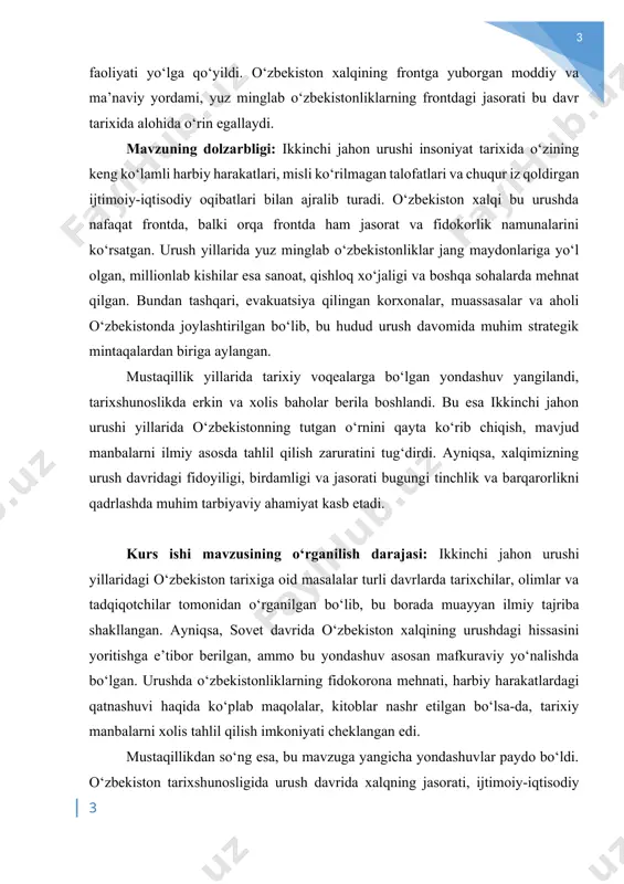 ayonlar kengroq tahlil etila boshlandi. jumladan, a. axmedov, b. b. qosimov, m. jo‘rayev, a. rasulov, r. tukhtayev kabi tarixchilar tomonidan yozilgan ilmiy ishlar, maqolalar va monografiyalar ushbu mavzuni yoritishda muhim ahamiyat kasb etadi. kurs ishningi maqsadi va vazifalari:ushbu kurs ishining asosiy maqsadi – ikkinchi jahon urushi yillarida o‘zbekiston hududida yuz bergan siyosiy, iqtisodiy, ijtimoiy va madaniy o‘zgarishlarni tarixiy manbalar asosida tahlil qilish, hamda bu davrda o‘zbekistonliklarning urush frontida va orqa frontdagi fidokorona faoliyatini yoritib berishdan iborat. kurs ishining nazariy-metodologik asoslari: kurs ishini tayyorlashda tarixiylik, ilmiylik, obyektivlik, tahliliy yondashuv kabi asosiy ilmiy metodologik tamoyillarga amal qilindi. tadqiqot davomida tarixiy voqealarga zamonaviy ilmiy qarashlar asosida baho berishga harakat qilindi. kurs ishining tuzilishi: kurs ishi kirish, uchta asosiy bob, xulosa va foydalanilgan adabiyotlar ro‘yxatidan iborat. har bir bob o‘z navbatida kichik bo‘limlarga ajratilgan bo‘lib, mavzuning muhim jihatlarini yoritishga qaratilgan. i bob. ikkinchi jahon urushi: umumiy tarixiy voqealari 1.1. urushning sabablari va bosqichlari yigirmanchi …