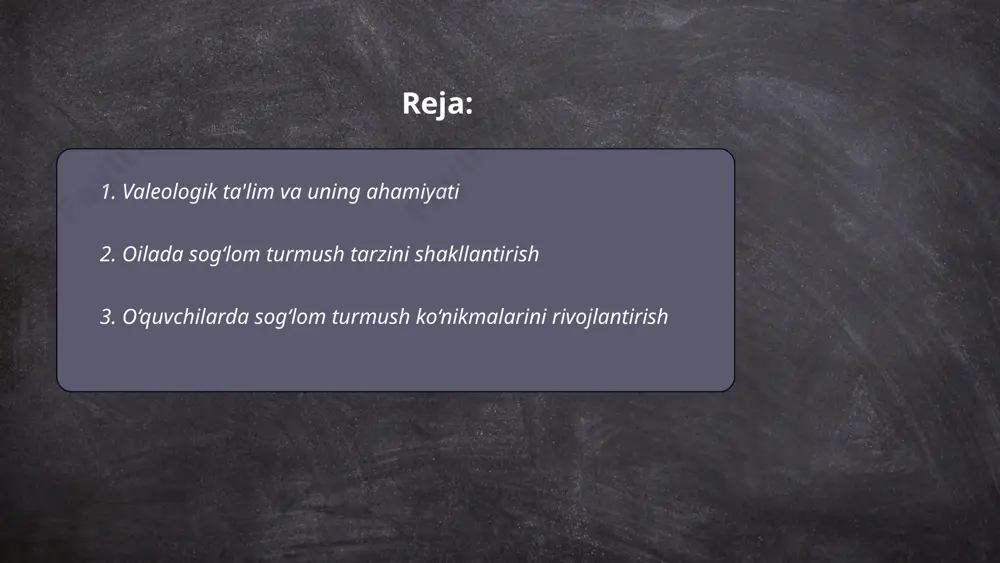 soat jismoniy tarbiya mashg‘ulotlari o‘tkaziladi. o‘quvchilarning kunlik faoliyati davomida kamida 60 daqiqa jismoniy faollik zarur. yangi avlod o‘quv dasturlarida sog‘lom turmush tarzi bo‘yicha maxsus fanlar joriy etilgan. ovqatlanishga e'tibor qaratishda, sabzavot va mevalarni iste'mol qilish miqdorini oshirish, kuniga kamida 5 porsiya tavsiya etiladi. suv ichish normasi esa 1,5-2 litrni tashkil qiladi. ushbu ko‘nikmalar kelajakda sog‘lom va faol jamiyatni shakllantirishga yordam beradi. ... t.me/slaydai_bot giyohvandlik inson jismoniy salomatligiga ko'plab zararli ta'sirlar ko'rsatadi. masalan, giyohvand moddalar yurak-qon tomir kasalliklarini rivojlantirishi mumkin, qon bosimi va yurak urishini tezlashtiradi. ulardan foydalanish immun tizimini zaiflashtiradi, bu esa turli infeksiyalarga qarshi kurasha olmaslikka olib keladi. shuningdek, o'pka kasalliklari, jigar sirrozi va buyraklar faoliyatining buzilishi kabi muammolar ham yuzaga kelishi mumkin. statistik ma'lumotlarga ko'ra, dunyoda 35 million odamdan ko'prog'i giyohvand moddalarga bog'liq bo'lgan salomatlik muammolaridan aziyat chekmoqda. bu holatlar o'lim darajasini oshiradi va hayot sifatini sezilarli darajada pasaytiradi. ... t.me/slaydai_bot psixologik himoya mexanizmlari shaxsning stress va qiyin …