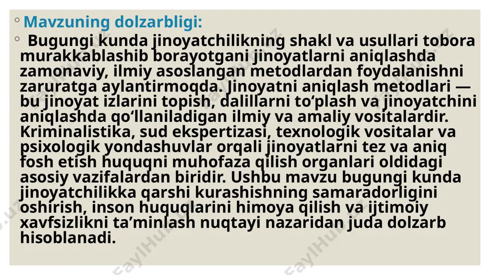 tezroq va aniqroq ochishga yordam beradi. zamonaviy texnologiyalar va metodlarni rollari. zamonaviy texnologiyalar jinoyatni aniqlash, fosh etish va tergov qilish jarayonlarini sezilarli darajada samaraliroq qiladi. bular orasida: a) biometrik tizimlar barmoq izi identifikatsiyasi (afis – automated fingerprint identification system) yuzni tanib olish tizimlari (face recognition technology) ko‘z to‘r pardasi (iris) skanerlari ovoz va qo‘l izlari orqali identifikatsiya b) dnk tahlili dnk profillash jinoyat sodir etilgan joyda qoldirilgan biologik izlar (soch, qon, teri hujayralari) orqali gumondorlarni aniqlash imkonini beradi. c) videokuzatuv va sun’iy intellekt cctv kameralar orqali real vaqt rejimida kuzatish ai yordamida shubhali xatti-harakatlarni aniqlovchi algoritmlar shaxsni aniqlash va harakat yo‘nalishini kuzatish d) geoaxborot tizimlari (gis) jinoyatlarning joylashuvini tahlil qilib, jinoyatchilik darajasining geografik tarqalishini aniqlash imkonini beradi. 2. raqamli izlarni tahlil qilish zamonaviy jinoyatlar ko‘pincha raqamli muhitda sodir etiladi: a) kompyuter forensikasi qurilmalardagi ma’lumotlarni qayta tiklash va tahlil qilish (yo‘q qilingan fayllar, internet tarixi) b) mobil telefon tahlili sms, qo‘ng‘iroqlar, …