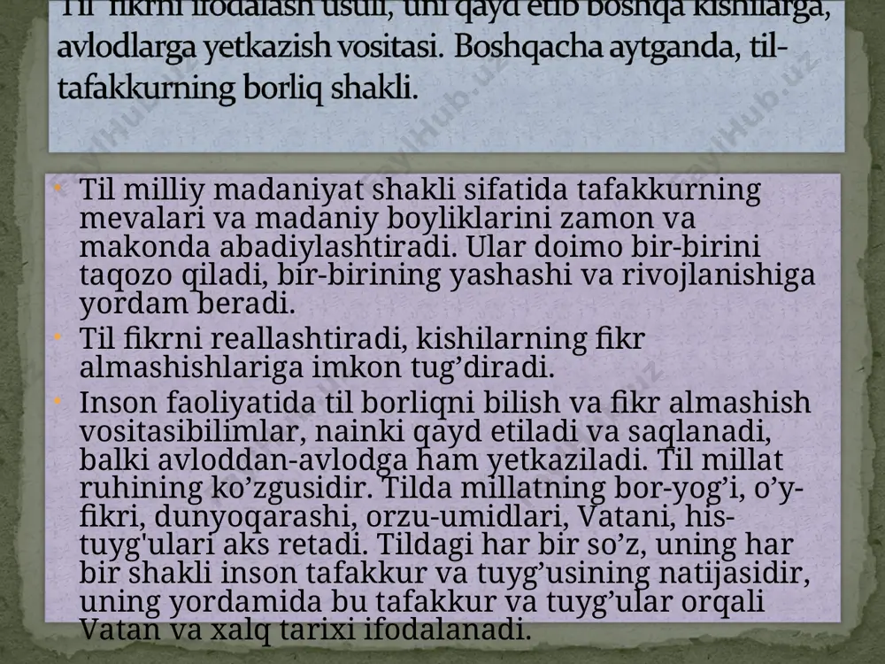 арга таълим олиш тилини эркин танлаш ҳуқуқи берилади. 9-модда. давлат ҳокимияти ва бошқарув органларида иш давлат тилида юритилади ва заруриятга қараб бошқа тилларга таржима қилиниши таъминланади. ўзбекистонда ўтказиладиган халқаро анжуманларда давлат тили, шунингдек қатнашчиларнинг ўзлари танлаган тиллар анжуманнинг иш тили ҳисобланади. 10-модда. корхоналар, муассасалар, ташкилотлар ва жамоат бирлашмаларида иш юритиш, ҳисоб-китоб, статистика ва молия ҳужжатлари давлат тилида юритилади, ишловчиларининг кўпчилиги ўзбек тилини билмайдиган жамоаларда давлат тили билан бир қаторда бошқа тилларда ҳам амалга оширилиши мумкин. 5-модда. ўзбекистон республикасида давлат тилида фаолият кўрсатадиган, миллий гуруҳлар зич яшайдиган жойларда эса — уларнинг тилларида фаолият кўрсатадиган мактабгача тарбия болалар муассасаларини ташкил этиш таъминланади. * 15-модда. ўзбекистон республикасида яшовчи шахслар, ўз миллатидан қатъи назар, ўз исмини, ота исми ва фамилиясини миллий-тарихий анъаналарга мувофиқ ёзиш ҳуқуқига эгадирлар. 16-модда. телевидение ва радио эшиттиришлари давлат тилида, шунингдек бошқа тилларда олиб борилади. 11-модда. судлов ишларини юритиш давлат тилида ёки ўша жойдаги кўпчилик аҳоли тилида олиб борилади. ишда иштирок …