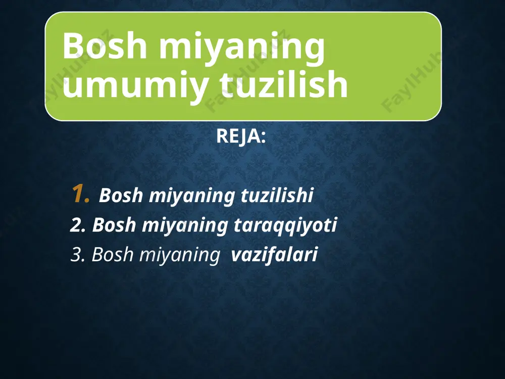 1-uzunchoq miya 2-miyacha 3-boshmiya yarim sharlarining ko’rinishi miya yarim sharlari frontal lobes- peshana gapirish muskullarning harakati va qaror qabul qilish ijro qiluvchi qism parietal lobes-tepa sezgilarni o’z ichiga oladi 14 the cerebral cortex is organized or divided into 4 regions or lobes. frontal lobe- behind your forehead, executive functions. -parietal lobe- at the top and to the rear of the head 1 hid bilish 2 yozuv o’ng qo’l 3 siypalash 4 eshitish 5 gapirish 6 hisoblash 7 o’qish 8 ko’rish 9 siypalash chap qo’l 10ohang intonatsiya 11 o’zi turgan joyni aniqlash 12 shakllarni aniqlash bosh miya yarim sharlari po’stlog’ida oliy nerv markazlarining joylashuvi miya miya asosi avtomatik ya-shash funksiyasi uchun javobgar medulla-uzunchoq miya yurak urishi va nafas olishni boshqaradi 16 brainstem the central core of the brain, beginning where the spinal cord swells as it enters the skull responsible for automatic survival functions medulla [muh-dul-uh] base of the brainstem controls …