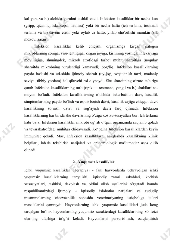 i oylab va hatto, yillab choʻzilishi mumkin (sil, moxov, zaxm). infeksion kasalliklar kelib chiqishi organizmga kirgan patogen mikroblarning soniga, viru-lentligiga, kirgan joyiga, kishining yoshiga, infeksiyaga moyilligiga, shuningdek, mikrob atrofidagi tashqi muhit sharoitiga (noqulay sharoitda mikrobning virulentligi kamayadi) bogʻliq. infeksion kasalliklarning paydo boʻlishi va uti-shida ijtimoiy sharoit (uy-joy, ovqatlanish tarzi, madaniy saviya, tibbiy yordam) hal qiluvchi rol oʻynaydi. shu sharoitning oʻzaro taʼsiriga qarab infeksion kasalliklarning turli (tipik — rostmana, yengil va b.) shakllari na-moyon boʻladi. infeksion kasalliklarning oʻtishida inku-batsion davr, kasallik simptomlarining paydo boʻlish va oshib borish davri, kasallik avjiga chiqqan davr, kasallikning soʻnish davri va sogʻayish davri farq qilinadi. infeksion kasalliklarning har birida shu davrlarning oʻziga xos xu-susiyatlari bor. ich terlama kabi baʼzi infeksion kasalliklar mikrobi ogʻrib oʻtgan organizmda saqlanib qoladi va tevarakatrofdagi muhitga chiqaveradi. koʻpgina infeksion kasalliklardan keyin immunitet qoladi. mac, infeksion kasalliklarni aniqlashda kasallikning klinik belgilari, lab.da tekshirish natijalari va epidemiologik maʼlumotlar asos qilib olinadi. 2. yuqumsiz kasalliklar …