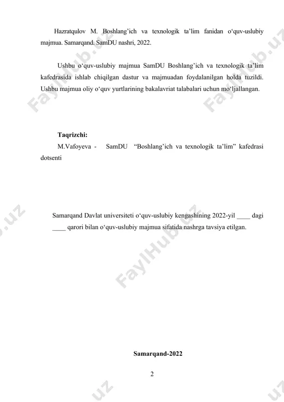 ik ta’lim kafedrasining 2022-yil ”29-”__avgust_ 1- son yig‘ilishida muhokamadan o‘tgan va fakultet kengashida muhokama qilish uchun tavsiya etilgan. kafedra mudiri: dots.o.eshniyozov maktabgacha va boshlang’ich ta’lim fakulteti o‘quv-uslubiy kengashida 2022-yil ”_30-” _avgust_ _1-_ son yig‘ilishida muhokamadan o‘tgan fakultet kengashiga muhokama qilish uchun tavsiya etilgan. o‘quv-uslubiy kengash raisi: dots.g.rahimova kelishildi: o‘quv-uslubiy boshqarma boshlig‘i: dots.sh.muranov kirish tafakkur jarayoni insonning ruhiyati bilan uzviy bog‘liqlikda kechadi. fikrlayotgan odamning ichki dunyosi qanchalik boy, dunyoqarashi nechog‘lik keng, bilimi qay darajada chuqur bo‘lsa, fikrlari, xulosalarining saviyasi ham shuncha baland bo‘ladi. teranlik, tiniqlik, mantiq, erkinlik, mustaqillik, badiiylik, ijodiylik inson tafakkuri darajasini ko‘rsatuvchi ijobiy xususiyatlardir. odam dunyoni tafakkur orqali anglaydi, fikr va ruhiyat yordamida undan o‘ziga xos tarzda ta’sirlanadi, xulosalar chiqaradi. ko‘pincha, ta’lim amaliyotida o‘quvchiga tayyor bilimlarni “yig‘ib oluvchi”lik roli topshiriladi. ta’limning bunday bir yoqlama tashkil etilishi xotiraning mexanik faoliyatiga tayangan bo‘lib unda tuyg‘ular, fikrlar ishtirok etmaydi, binobarin, bunday ta’lim o‘quvchini faol ijodiy ishlashga o‘rgatmaydi. boshlang‘ich sinflar an’anaviy darslarida: o‘quv …