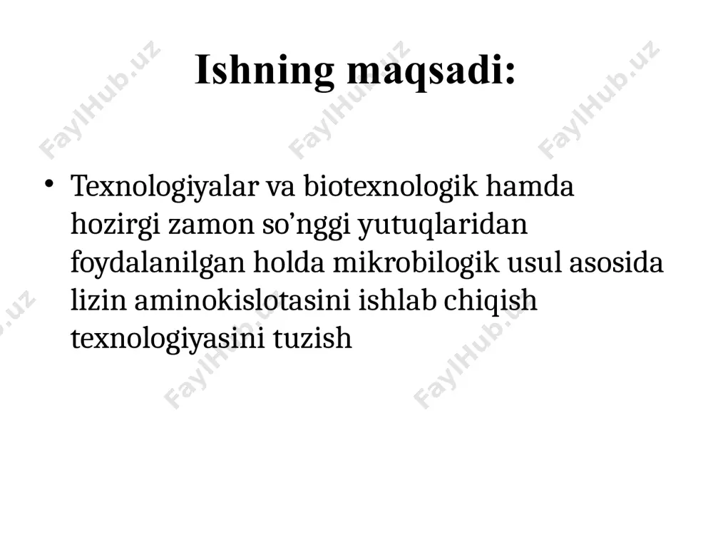 ri darajada glutamin kislota hosil qilish xususiyatiga ega boʻlgan qator bakteriyalar, achitqi va zamburugʻ turlari mavjud. oʻrganilgan koʻpchilik mikroorganizmlarning shtammlari, ularning sistematik holatiga bogʻliq boʻlmagan holda l-alanin va glutamin kislotani koʻp miqdorda sintez qilishi aniqlangan. juda koʻplab shtammlar esa asparagin kislota, leysin, valin, izoleysin va lizinni juda kam miqdorda sintez qilishi oʻrganilgan. sanoat asosida lizin va boshqa xil aminokislotalarni olish, qat’iy rejimdagi aseptik sharoit, steril oziqa muhiti va produtsentning toza kulturasidan foydalanishni talab etadi. mikroorganizmlarning aminokislotalar to’plash xususiyatlari mikroorganizmlarning aminokislotalar toʻplash xususiyati va turlararo korrelyatsiyasi qat’iy koʻrinishda boʻlmaydi. aminokislota produtsentlarining koʻpchiligi grammanfiy sporasiz bakteriyalar boʻlib, ular corynebacterium, micrococcus, arthrobacter, brevibacterium turkumlariga mansubdir brevibacterium micrococcus arthrobacter corynebacterium lizin olishning texnologik jarayonlari quyidagi bosqichlardan iborat: ekish materialini olish; oziqa muhitini tayyorlash va sterillash; barcha uskunalar, kommunikatsiya va havoni tayyorlash hamda sterillash; fermentatsiya; l-lizinni ajratish. lizin ishlab chiqarishning texnologik chizmasi эвц– 6.3-1 k rusumli fermentyor 1- maxsulot 2- jarayon 3- cho’kma 4- idish …