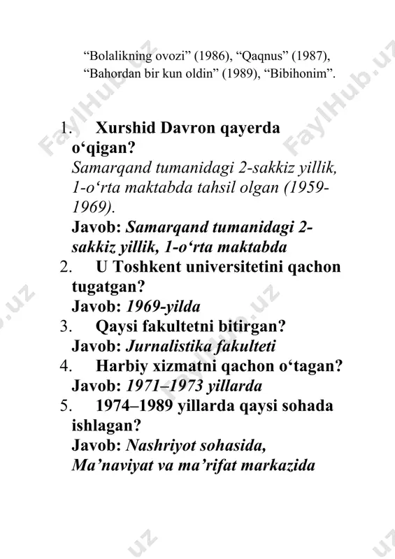 ngiz yaproqlari“ qaysi xalq she’rlaridan tarkib topgan? javob: yapon shoirlarining she’rlari 29. 9. „qirq oshiq daftari“ qachon nashr etilgan? javob: 1989-yilda 30. 10. „dengiz yaproqlari“ to‘plami qachon chop etilgan? javob: 1988-yilda 31. 11. xurshid davron she’rlari nechta tilga tarjima qilingan? javob: 40 dan ortiq tilga 32. 12. shoirning asarlari nashr etilgan davlatlardan beshtasini sanang. javob: ozarbayjon, polsha, xitoy, fransiya, aqsh 33. 13. xurshid davronning rus tilida chop etilgan asarlari qanday nomlangan? javob: „drevniy napev molodogo dojdya“ va „polet odinokoy ptitsi“ 34. 14. „drevniy napev molodogo dojdya“ qayerda nashr etilgan? javob: moskva, „molodaya gvardiya“ nashriyotida, 1982 35. 15. „polet odinokoy ptitsi“ qayerda nashr etilgan? javob: toshkent, 1989 36. 16. xurshid davron 1993-yilda qaysi mamlakatdagi shoirlar anjumanida ishtirok etgan? javob: turkiyada, bursa shahrida 37. 17. 1996-yilda vashingtonda bo‘lib o‘tgan qanday tadbirda qatnashgan? javob: osiyo adiblari kongressida 38. 18. shoir ishtirok etgan boshqa xalqaro poeziya festivallari qayerlarda bo‘lgan? javob: rossiya, polsha, bolgariya, janubiy …