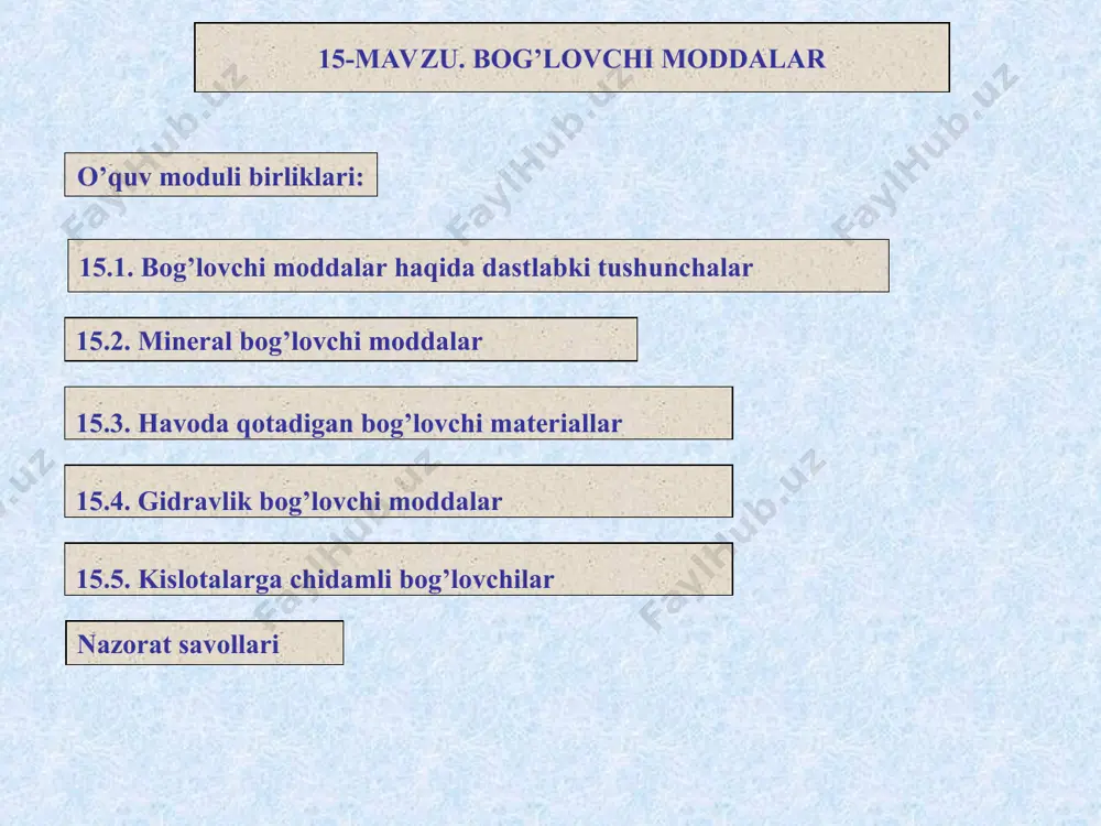 shlash osonligi sabab bo’ldi. gips va ohak kuydirilganda o’zgarish hosil bo’lishi ulardan bog’lovchi moddalar ishlab chiqarishda foydalanish mumkin, degan fikrni yuzaga keltirgan bo’lsa ajab emas. vatanimizda bog’lovchi moddalar (asosan, ohak va gips) ishlab chiqarish sanoatining rivojlanishiga avvaldan tosh materiallarni inshootlar qurishda qo’llab kelinganligi asosida vujudga kelgan. masalan shahar devorlari, minoralar, masjid va qasrlar, buxoro, samarqand, xiva yodgorliklari kabi inshootlarning qurilish materiallariga bo’lgan ehtiyojini oshirgan. xorazm chor atrofi qalin devorlar bilan o’rab chiqilgan to’rtta silindr minoradan iborat edi. minoraning usti tep-tekis qilib ishlangan. bunday inshootlarni qurishda qo’shilmalar bilan ishlangan ganch qorishmasi va giltuproqdan pishirilgan yapaloq g’ishtlar hamda tabiiy toshlar ishlatilgan. x-xv asrlarda va undan keyin o’rta osiyo xalqlari xashamatli inshootlar qurishda rangli g’isht, har xil rangda sirlangan sopol taxtachalarni dekorativ qoplamalar sifatida ishlatganlar. x asrda qurilgan buxorodagi ismoil somoniyning maqbarasi, xi asrda buxorodagi balandligi 50 metrli pishiq g’ishtdan qurilgan minorai kalon, samarqanddagi temur va shohi-zinda maqbaralari (xv-asr) va boshqalar o’sha davrning …