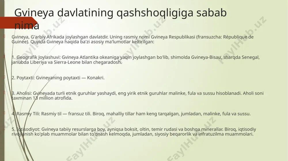 shmovchiligi: gvineya hali ham asosiy infratuzilma, masalan, yo'llar, elektr energiyasi va suv ta'minoti kabi muhim sohalarda muammolarga duch kelmoqda. bu, o'z navbatida, ishlab chiqarish va savdoga zarar etkazadi . 4. ta'lim va sog'liqni saqlash tizimining zaifligi: ta'lim va sog'liqni saqlash tizimining yetarli darajada rivojlanmaganligi natijasida, aholining ko'pchiligi yuqori malakali ishchilar va mutaxassislar yetishtirishda qiyinchiliklarga duch kelmoqda. bu iqtisodiy o'sishga to'sqinlik qiladi. 6. iqlim o'zgarishi va tabiiy ofatlar: gvineya, shuningdek, iqlim o'zgarishining ta'siriga duch kelmoqda, bu qishloq xo'jaligi va oziq-ovqat xavfsizligi uchun tahdid yaratadi. . bu omillar gvineya uchun iqtisodiy o'sish va ijtimoiy barqarorlikni ta'minlashda katta to'siqlar bo'lib qolmoqda. biroq, so'nggi yillarda ayrim islohotlar amalga oshirilgan va xalqaro hamkorliklar ko'paygan, bu kelajakda o'sishni va rivojlanishni ko'rsatishi mumkingvineya qoloq davlat sifatida quyidagi sabablarga ko'ra tan olinadi: iqtisodiy rivojlanishning past darajasi: gvineya iqtisodiy rivojlanishda ko'plab qiyinchiliklarga duch kelmoqda. iqtisodiy o'sish darajasi past, va ko'plab aholi qashshoqlikda yashaydi. bu, asosan, sanoat va xizmatlar sektorining …