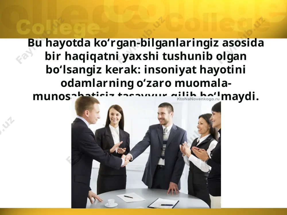 ladi. negaki, san’at va adabiyot obrazlar orqali ish ko‘radi, ularning ta’siri insonning ongiga, tuyg‘ulariga, hislariga to‘g‘ridan to‘g‘ri yetib boradi. modomiki, biz shu xalq vakili, uning tarixiy vorisi ekanmiz, bu noyob an’analarni ko‘z qorachig‘idek asrashimiz, ularga sodiq qolishimiz, hech qachon o‘zligimizni yo‘qotmasligimiz talab etiladi. savol va topshiriqlar 1. kishi odobining shakllanishida u yashaydigan muhitning qanday ta’siri bor, deb o‘ylaysiz? 2. xalqimizning «odobni odobsizdan o‘rgan» degan iborasini sharhlab bera olasizmi? 3. tengdoshlaringiz xulqi va odobida sizga ma’qul bo‘lmaydigan qanday kamchiliklarni kuzatyapsiz? 4. «odobsizlik ko‘proq o‘g‘il bolalarga xos bo‘ladi» degan fikrga qanday qaraysiz? 5. xorijiy filmlar, turli tomoshalarning ijobiy va salbiy jihatlari to‘g‘risida sinfdoshlaringiz bilan munozara uyushtiring. image2.jpeg image3.jpeg image4.jpeg image5.jpeg image6.jpeg image7.jpeg image8.jpeg image9.emf image10.jpeg image11.jpeg image12.jpeg image13.jpeg image14.jpeg image1.jpeg