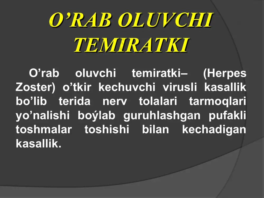 uvi , og’riqli bo’lishi kuzatiladi. generalizatsiyalashgan formasi og’ír kasalliklari bor bemorlarda limfoma, limfoleykoz, oits va boshqalar. hamda uzoq vaqt sistemali glukokartikoidlarni rengen terapiya, sitokinlarni olayotgan bemorlarda kuzatiladi. og’irroq kechuvchi turi bo’lib , qandli diabed va oshqozon –ichak kasalliklari bor bemorlarda uchrashi mumkin . bu formasida pufaklar gemoraggik ajralma saqlaydi va uzoq vaqt bitmaydigan chuqur gangrenoz yaralar paydo bo’ladi. gangrenoz formasi epidermisning bolonli va retikulyar distrofiyasi , akantoz, akantoliz , epidermis ichi pufakchalari, tarkibida virus saqlovchi gigant ko’p yadroli kretonitsitlar aniqlanadi. dermaning so’rgíchsimon qavatida o’tkir yalig’lanishli , polimorf hujayraviy infiltrat , qon tomirlar kengayishi kuzatiladi. gistopatologiyasi agar jarayon ko’z sohasida joylashsa , ko’zning ko’r bo’lib qolishigacha olib keladi.uchlamchi yoki yuz nervining falajlanishiga , eshitish pasayishiga , quyosh chigali zararlanishiga ,ovqat hazm qilish disfunksiyasiga , meningoensefalit va boshqa buzilishlarga olib keladi. asoratlari umumiy davolash analgetiklar (analgin, baralgin ,ketonal) virusga qarshi preparatlar:atsiklovir, valasiklovir, famsiklovir, ulkaril, gerpevir. vitaminlar (askarbinka, vitamin b , polivitaminlar immunomodulyatorlar(immunomodulin, …
