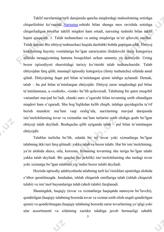 ralig’ida, narxlarning mavjud darajasida iste’molchilarning tovar va xizmatlar ma’lum turlarini sotib olishga qodir bo’lgan ehtiyoji talab deyiladi. boshqacha qilib aytganda talab – pul bilan ta’minlangan ehtiyojdir. talablar turlicha bo’lib, odatda bir xil tovar yoki xizmatlarga bo’lgan talabning ikki turi farq qilinadi: yakka talab va bozor talabi. har bir iste’molchining, ya’ni alohida shaxs, oila, korxona, firmaning tovarning shu turiga bo’lgan talabi yakka talab deyiladi. bir qancha (ko’pchilik) iste’molchilarning shu turdagi tovar yoki xizmatga bo’lgan talablari yig’indisi bozor talabi deyiladi. hozirda iqtisodiy adabiyotlarda talabning turli ko’rinishlari ajratishga alohida e’tibor qaratilmoqda. jumladan, ishlab chiqarish omillariga talab (ishlab chiqarish talabi) va iste’mol buyumlariga talab (aholi talabi) farqlanadi. shuningdek, haqiqiy (tovar va xizmatlarga haqiqatda namoyon bo’luvchi), qondirilgan (haqiqiy talabning bozorda tovar va xizmat sotib olish orqali qondirilgan qismi) va qondirilmagan (haqiqiy talabning bozorda zarur tovarlarning yo’qligi yoki ular assortimenti va sifatining xaridor talabiga javob bermasligi sababli qondirilmagan qismi) talablar farqlanadi. qondirilmagan talab turli shakllarda namoyon …