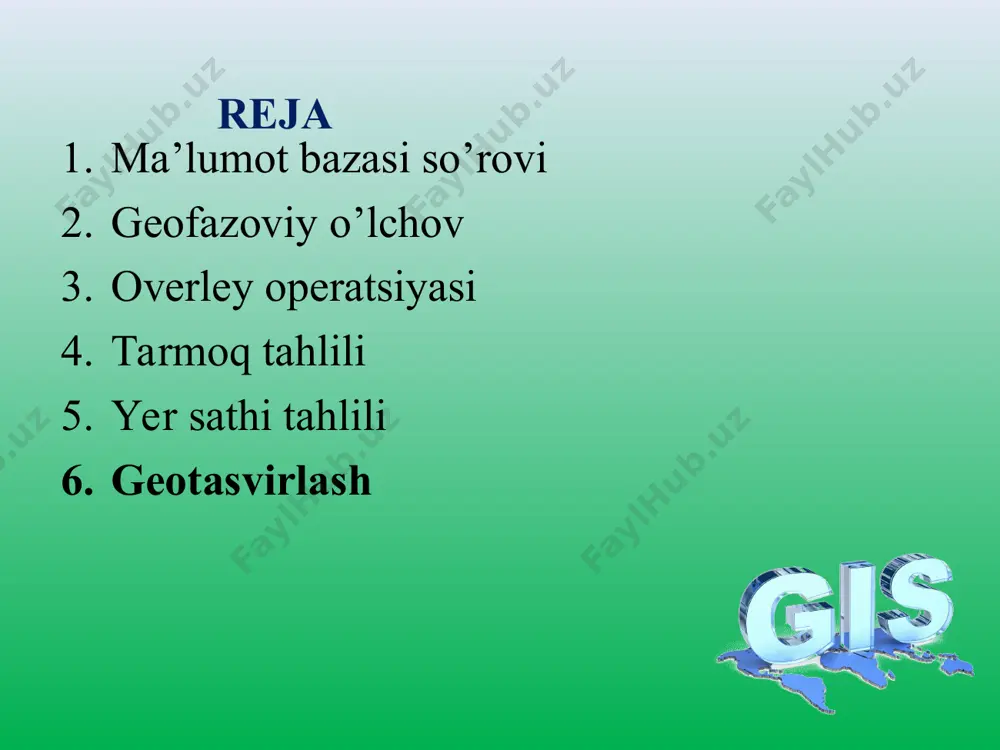 da eng ko’p qo’llaniladigan usul hisoblanadi. bunga misol qilib aytadigan bo’lsak, masalan qiymati 10 dan kam bo’lgan barcha piksellarni belgilash. rastr ma’lumot so’rovi boolean operatsiya orqali ham (and, or. not) bajarilishi mumkin. atributlar orqali so’rov usuli qachonki rastr ma’lumot mavzuli yoki sinflangan va rastr piksellari atribut ma’lumotlar bilan bog’langan bo’lsa amalga oshiriladi. fazoviy ma’lumot orqali so’rovi kursorni monitordagi kerakli katakcha ustiga olib borilib ham amalga oshirilishi mumkin. geofazoviy o’lchovlar ba’zida muammoni hal qilish uchun kartaga qarab u to’g’risida ma’lumot olishning o’zi kifoya qilmaydi shunday paytlarda ma’lumotni o’lchash zarur bo’ladi. o’lchash ham ―so’rov‖ning bir turi hisoblanadi. biroq bunda gat ma’lumotlar bazasida hech qanday obyektlar belgilanmaydi. bu usul orqali statistik, matematik, geometrik natijalar olinadi xolos. geofazoviy o’lchovlarda ikki xil; (1) chiziqli va (2) masofani o’lchash juda keng qo’llaniladi. overley operatsiyasi - qatlamlashtirish printsipidir. uning mazmuni shundan iboratki biron-bir territoriya haqida fazoviy ma’lumotlarni aniq talablarga javob beruvchi mavzuli overley (qatlamlar) ko’rinishida saqlashdir. har-bir …