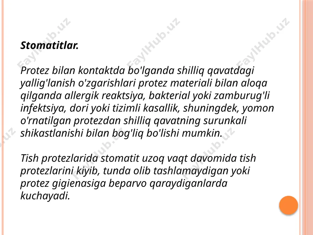 r bo'lsa, u holda chaynash bosimining sezilarli darajada pasayishiga erishiladi. elastik plastmassalarning kamchiliklari vaqt o'tishi bilan har qanday elastik plastmassalar qattiqroq bo'lib , asosiy afzalligi - elastikligini yo'qotadi. agar bemorda qattiq asoslarga doimiy intolerant bo'lsa, ular qattiqlashganda ularni yangilari bilan almashtirish kerak bo'ladi. hatto zamonaviy plastmassalar ham qattiq plastik asos bilan etarlicha mustahkam bog'lanishga erisha olmaydi. shu sababli, protezning chetlari bo'ylab, taglik materiali asta-sekin taglikdan tozalanadi. zamonaviy plastmassalar hali ham etarlicha mustahkamlik va rang barqarorligiga ega emas va suvni yuqori darajada singdiradi, shuning uchun ulardan foydalanish biroz cheklangan. oltin singari, titan ham to'liq biomoslashuvchan metalldir. hozirgi vaqtda ko'pchilik implantlar va protezlar titandan tayyorlanadi, ular inson og'iz bo'shlig'iga o'rnatiladi va joylashtiriladi.titandan nafaqat protezlar, balki kestirib, protezlar, ortopedik plastinkalar va singan suyaklarni bir-biriga bog'lab turadigan qog'oz qisqichlar ham ishlab chiqariladi. titan asosli protezlar. titanli metall keramikaning afzalliklari: biologik muvofiqlik, allergiya va intolerantlik xavfi yo'q. og'iz bo'shlig'ida protezlar korroziyasining yo'qligi kafolati. dizayn juda …