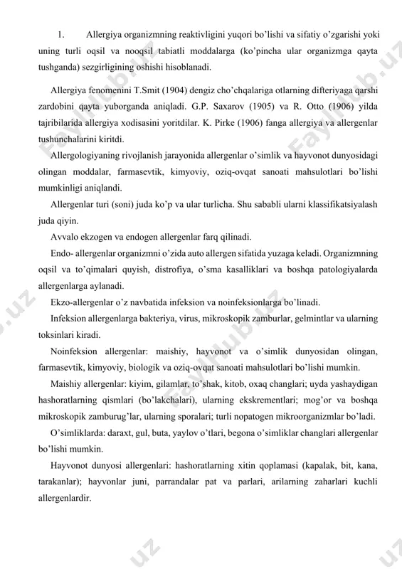 osi allergenlari: hashoratlarning xitin qoplamasi (kapalak, bit, kana, tarakanlar); hayvonlar juni, parrandalar pat va parlari, arilarning zaharlari kuchli allergenlardir. farmasevtik allergenlar: antibiotiklar, sulfanilamidlar, yodidlar, salitsilatlar, insulin, atropin, morfin, aptofan, barbituratlar va boshqalar. biologiya sanati allergenlariga ko’p sonli biopreparatlar: vaksina, giperimmun zardob, immunoglobulin, anatoksin, garmonlar kiradi. kimyo sanoati allergenlariga kosmetik va yuvish vositalari: loson, krem, lak, poroshok (sepgich)lar, tualet suvlari, soch uchun bo’yoq, rumyana, lab bo’yog’i, tirnoqlar uchun lak va buyoqlar, yuvish uchun poroshoklar kiradi. oziq-ovqat sanoatida tuxum, asal, yertut, sut, pishloq, shokolad, tort, konfetlar va boshqalar allergenlar bo’lishi mumkin. allergiya turli organ va tizimlar faoliyatini buzilishida namoyon bo’ladi. allergiya qon aylanishi, ovqat xazm qilish, nafas olish tizimlari funksiyasi buzilishi, tana haroratini ko’tarilishi, shishlar, bo’g’inlar shishishi, og’rishida namoyon bo’ladi, qonning tarkibi o’zgaradi. sezgirlik darajasiga qarab: dengiz cho’chqasi, quyonlar, qo’y, echki, yshm, ot, it, cho’chqa, parranda, maymunlarni qo’yish mumkin. allergiyalarning klassifikatsiyasi yuzaga kelishi tezligiga, allergenlarning turiga sensibilanish xarakteriga, organizmda yuzaga kelgan o’zgarishlar …