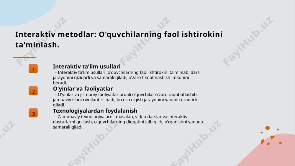 i rivojlantirish uchun zamonaviy yondashuvlar. 1 zamonaviy texnologiyalar zamonaviy texnologiyalar, masalan, virtual haqiqat va onlayn platformalar, jismoniy tarbiyada o'qitish jarayonini interaktiv va qiziqarli qiladi. 2 o'qitish metodlari o'zbek madaniyatiga mos pedagogik metodlar, o'yinlar va jamoaviy faoliyatlar orqali o'quvchilarning jismoniy qobiliyatlarini rivojlantirishga yordam beradi. 3 hayotiy ko'nikmalar zamonaviy yondashuvlar o'quvchilarga jismoniy tarbiya orqali hayotiy ko'nikmalarni, masalan, jamoa ishini va muammolarni hal qilishni o'rgatadi. xulosa 1 jismoniy tarbiyaning ahamiyati jismoniy tarbiya, o'quvchilarning sog'lom hayot tarzini shakllantirishda muhim rol o'ynaydi, ularni jismoniy va ma'naviy jihatdan rivojlantiradi. 2 o'zbek madaniyati va usullar o'zbek madaniyatidagi an'anaviy tarbiyalash usullari jismoniy tarbiya darslarida qo'llanilishi, o'quvchilarga o'z madaniyatini qadrlashni o'rgatadi. 3 zamonaviy yondashuvlar zamonaviy interaktiv metodlar va strategiyalar jismoniy tarbiyani yanada samarali o'tkazishga yordam beradi, o'quvchilarning faol ishtirokini ta'minlaydi. e'tiboringiz uchun rahmat! /docprops/thumbnail.jpeg