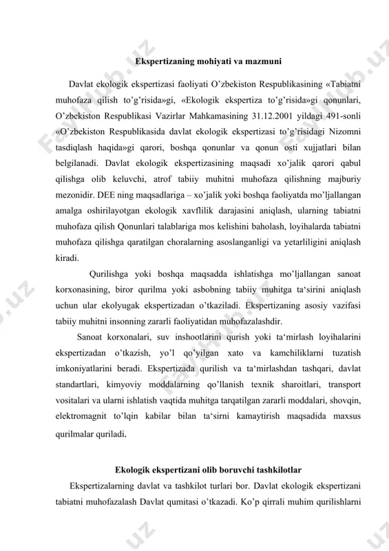 i olib boruvchi tashkilotlar ekspertizalarning davlat va tashkilot turlari bor. davlat ekologik ekspertizani tabiatni muhofazalash davlat qumitasi o’tkazadi. ko’p qirrali muhim qurilishlarni har tomonlama mukammal o’rganish maqsadida har xil mutaxassislardan iborat ekspert komissiya tuziladi. tashkilotlarning ekologik ekspertizasini vazirlik va tashkilotlarning tabiatni muhofazalash bo’limi va sanitar-epidemiologiya bo’limi xodimlari o’tkazadilar. ekspertiza davlatning ekologiyaga oid qonun va qoidalariga asoslanib olib boriladi, chiqariladigan chiqindi va salbiy ta‘sirlar me‘yornomada ko’rsatiladi. («pdk» dan oshib ketmasligiga alohida ahamiyat beradi). sanoat yoki asbob-uskunani ekologik jihatdan sozligini va xavfsizligini ularning ma‘lum miqdordagi mahsulotga chiqariladigan chiqindi va uning toksik xususiyatlari belgilaydi. agar yangi texnologik jarayon oldingisiga nisbatan kamroq chiqindi chiqarsa, u ekologik xavfsizroq hisoblanadi. atrof-muhitni muhofaza qilishda inson salomatligini saqlash uchun zaxarli kimyoviy moddalarni qo’llashga taalluqli maxsus sanitariya va agrotexnika qoidalariga so’zsiz amal qilish lozim. tuproqning turli zaxarli kimyoviy moddalar bilan ifloslanishini muhofaza qilish davlat standarti (17.4.1.02.-83) asosida olib boriladi. mazkur standartga muvofiq tuproqni zaxarli kimyoviy moddalar bilan ifloslanishi ustidan …