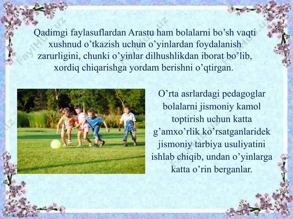 rini rivojlantirishga ijobiy ta’sir etadi. o’yin davomida bolalar yuradilar, sakraydilar, yuguradilar, o’rmalaydilar, biror bir buyumni irg’itadilar, natijada ularning mushaklari va sezgi organlari rivojlanadi, organizmni hayot faoliyati yanada oshadi. o’yinda bolalarning irodasi, o’z harakatlarini o’yin qoidalariga bo’ysundira olish ko’nikmasi shakllanadi, u o’zini qo’pol hatti - harakatlardan tiyadi, zarur bo’lganda chaqqon harakat qilishga (yashirinish, yugurish, tutib olish, tez fikrlash, og’ir ahvoldan qutilib ketish chorasini topishga) o’rgatadi. o’yinlar shug’ullanuvchilarni aniq psixologik streotipi shakllanishining o’ziga xos modelidir, harakat malakalarini shakllanishiga, harakat tayyorgarlik darajasi va harakat sifatlari rivojlanishining kutarilishiga imkon beradi. o’yinning tushunchasi juda keng, yosh bolaning oddiy harakatidan, to sport faoliyati harakati takomillashigacha har xil xodisalarni qamrab oladi. o’yinlar insoniyatning eng birinchi rivojlanish bosqichida hayot malakalari harakat sifatlari, harakat malakalarining eng muhim vositasi sifatida rivojlangan. o’yinlarning birinchi rivojlanish bosqichi-insoniyatning mehnati bolalarning tarbiyaviy va sog’lomlashtirish masalalari bilan bog’liq. ular har xil maqsad bilan o’tkaziladi: elementar harakat malakalarini shakllantirish, maktabgacha bo’lgan bolalarda qiyin jismoniy mashqni o’zlashtirishga …