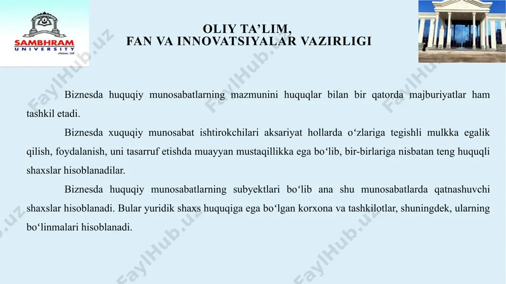 hqa maqsadlar bilan ham bogʻliq boʻladi. bular jumlasiga mulkni boshqarish, korxonani tuzish va tugatish boʻyicha tashkiliy mulkiy tusdagi bogʻliq barcha faoliyatlarni kiritishimiz mumkin. xoʻjalik munosabatlarining asosiy qismini xoʻjalik subyektlarining oʻzaro vertikal va gorizontal munosabatlari tashkil etadi. xoʻjalik huquqi fanida xoʻjalik munosabatlari asosan uch guruhga: xoʻjalik faoliyatini amalga oshirish bilan bogʻliq munosabatlarga, xoʻjalikka rahbarlik qilishdan kelib chiqadigan (xoʻjalikni boshqarish) munosabatlarga hamda ichki munosabatlarga ajratiladi. oliy ta’lim, fan va innovatsiyalar vazirligi xoʻjalik munosabatlarining birinchi guruhi bevosita mahsulot ishlab chiqarish, ish bajarish, xizmat koʻrsatish bilan bogʻliq xoʻjalik faoliyatidir. xoʻjalik munosabatlarining ikkinchi guruhi xoʻjalik faoliyatiga rahbarlik qilishdan kelib chiqadi. ichki xoʻjalik munosabatlari esa har bir korxonaning, birlashmaning ishlab chiqarish tuzilmalari oʻrtasidagi ichki munosabatlari shaklida namoyon boʻladi. tadbirkorlik (biznesda) huquqining oʻziga xos xususiyatlari uning subyektlari bilan ham bogʻliqdir. maʼlumki, rejali iqtisodiyot sharoitida xoʻjalik mu-nosabatlari faqat korxona va tashkilotlar hamda ularning boʻlimlari oʻrtasida vujudga kelar edi. xoʻjalik faoliyatini alohida fuqaro emas, balki ularning jamoasi olib borar …
