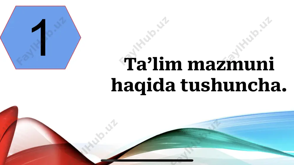 ini belgilovchi me’yoriy hujjatlar. 3 ta’lim mazmunini belgilab beruvchi eng asosiy me’yoriy hujjat davlat ta’lim standartidir. 0 ‘quv reja, o‘quv dasturi, malaka talablari uning tarkibiy qismiga kiradi. «standart» ingliz tilidan tarjima qilinganda «me’yor», «namuna», «andoza», «model» ma’nolarini anglatadi. standart yordamida, respublika miqyosidagi turli ta’lim muassasalarida ta’limning barqarorlik darajasini ta’minlashga erishiladi, o‘quv ishlari normativlari moslashtiriladi, o'quvchilaming bilimlarini baholash mezonlari ishlab chiqiladi. davlat ta’lim standartining maqsadi - umumiy o‘rta ta’lim tizimini mamlakatda amalga oshirilayotgan ijtimoiy-iqtisodiy islohotlar, rivojlangan xorijiy mamlakatlaming ilg‘or tajribalari hamda ilm-fan va zamonaviy axborot-kommunikatsiya texnologiyalariga asoslangan holda tashkil etish, ma’naviy barkamol va intellektual rivojlangan shaxsni tarbiyalashdan iborat. savol ta’lim mazmuni deganda nimani tushunasiz? ta’lim mazmunini belgilovchi asosiy me’yoriy hujjat nima deb ataladi? e’tiboringiz uchun rahmat!