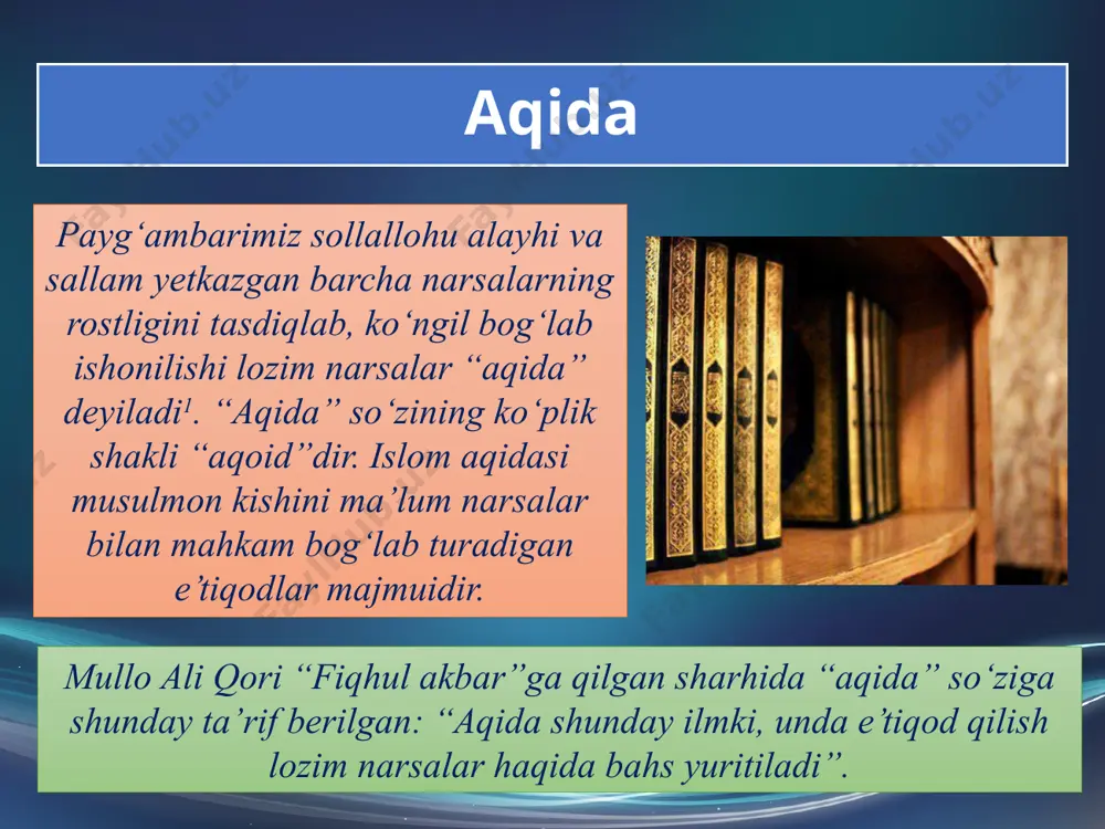 taolo qur’oni karimda aytganidek: “men (alloh) jin va insni faqat (yagona) o’zimga ibodat qilishlari uchun yaratdim”va-z-zoriyot surasi 51:56) (bu erda ibodatning ma’nosi shuki barcha ibodat turlarida tavhid (yagona allohga qilish) va faqatgina allohga duo qilish) qur’oni karimda quyidagi tavhid turlari tasvirlanadi: alloh aytadi: ”(ey muhammad), qasamki, agar siz ulardan (mushriklardan): ”osmonlar va yerni kim yaratgan?” deb so’rasangiz, albatta: ”ularni eng qudratli va eng dono (barcha narsalarni biluvchi alloh) yaratgan”, derlar” (zuxruf surasi 43:9) tavhid ar-rububiyah - bu yagona allohning rabb va yaratuvchi ekanligiga iymon keltirish. haqiqatan ham, kofirlar (mushrik, allohdan o’zgaga ibodat qiluvchilar) bunga iymon keltirishgan, ammo bu ularning islomga kirishiga kafil (sabab, etarli) bo’lmadi: tavhid al-’uluhiyah - bu allohni barcha shar’iy ibodat turlarida, ya’ni masalan, duo qilish, yordam so’rash, namoz o’qish, qurbonlik so’yish,tavof qilish(ka’bani), qasam ichish va hokazolarda tavhid qilish (yagona allohga qilish) bu tavhid turi kofirlar (mushriklar) tomonidan rad etilgan hamda millatlar va ularga tegishli (yuborilgan) payg’ambarlar o’rtasidagi …