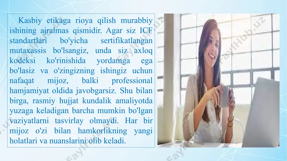 oydalanishga ruxsat so'rashim mumkin. ko'proq ishtirokchilar - ko'proq ish murabbiy va murabbiy xizmatlari uchun haq to'laydigan mijoz o'rtasidagi munosabatlar axloqiy nuqtai nazardan hamkorlikning eng oddiy turidir. keling, keyingi bosqichga o'tamiz: biz mijoz bilan ishlayapmiz, uning uchun to'lov kompaniya tomonidan amalga oshiriladi (ehtimol unga tegishli). agar siz u bilan kimdir orqali aloqada bo'lgan bo'lsangiz, unda uchinchi shaxs murabbiylik jarayoni, uning xodimi yoki tanishining "muvaffaqiyatlari" bilan qiziqa boshlagan vaziyat yuzaga kelishi mumkin. ayni paytda mening ustuvor vazifam mijoz oldidagi majburiyatni bajarish va mashg'ulotlar davomida menga aytgan hamma narsaning maxfiyligini himoya qilishdir. o'rtamizdagi keskinlikni kuchaytirmaslik uchun ish paytida meni ushbu mijozga olib kelgan odam bilan muloqotimni minimallashtirishni afzal ko'raman. axloq qoidalariga rioya qilishning uchinchi murakkabligi - mijozimiz kompaniyaning xodimi bo'lsa, murabbiy unga menejeri tomonidan "tayinlangan". bu bir nechta o'rta yoki yuqori darajali menejerlar yoki menejeri murabbiylikka ehtiyoj sezadigan bir kishi bo'lishi mumkin. bu darajada, ayniqsa, uch tomonlama uchrashuvlar muhim ahamiyatga ega - mijoz, …