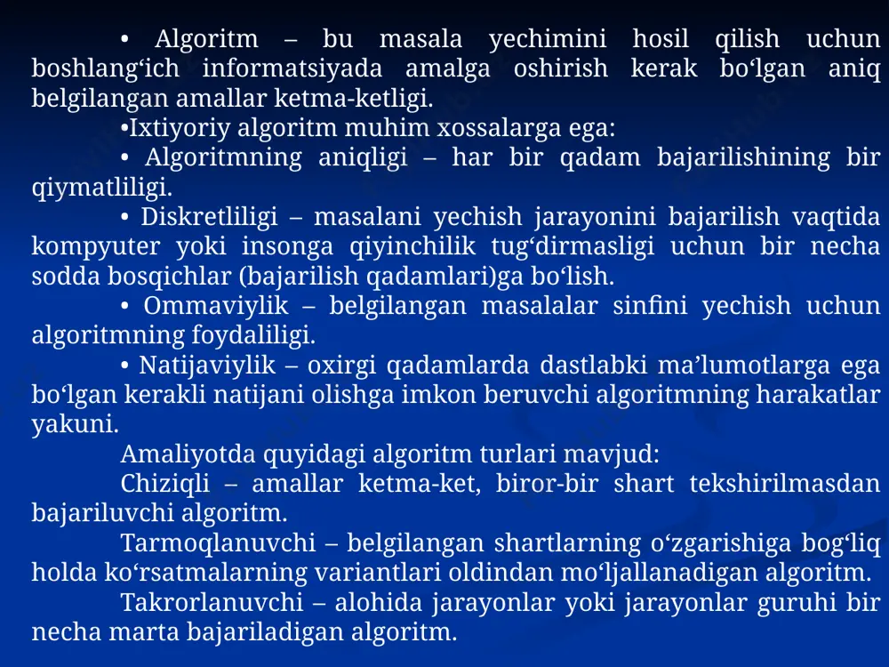 i qurilma nomi narxi (cu da) anakart 80 celeron protsessor 70 xotira hajmi 128 mb 15 qattiq disk 60 gb 140 3,5 dyuymli haydovchi 14 video karta 16 mb o'ttiz monitor 17" 180 ovoz kartasi 16 bit o'ttiz x52 cd-rom drayveri 40 ramka 25 klaviatura 10 sichqoncha 5 model jadval turi kompyuterlar superkompyuterlar serverlar shaxsiy kompyuterlar ish stoli portativ cho'ntak ierarxik tipdagi model tarmoq turi modeli biz a.m. s.a. ru au ei j.p. muammolarni yechish qadamlari 1. muammoning bayoni 2. muammoni, modelni tahlil qilish va o'rganish 3. algoritmni ishlab chiqish 4. dasturlash 5. sinov va disk raskadrovka 6. yechim natijalarini tahlil qilish va tushuntirish matematik model 7. dasturni qo'llab-quvvatlash vazifa haqida ma'lumot to'plash; muammo shartlarini shakllantirish; muammoni hal qilishning yakuniy maqsadlarini aniqlash; natijalarni chiqarish shaklini aniqlash; ma'lumotlar tavsifi (ularning turlari, qiymatlar diapazoni, tuzilishi va boshqalar) muammoni toplantirish muammoni tahlil va tadqiqot, modellar: mavjud analoglarni tahlil qilish texnik va dasturiy ta'minotni …