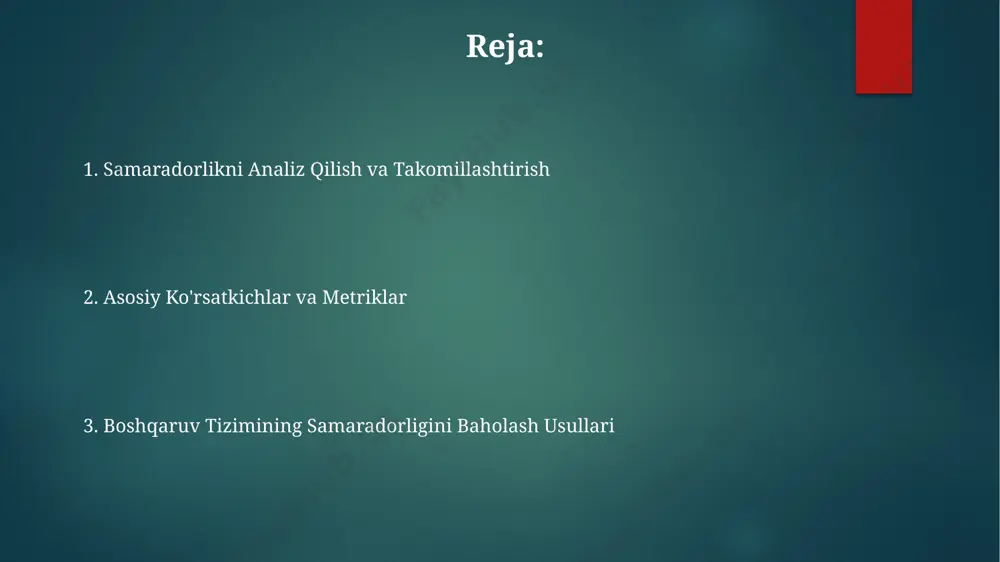 shkalasi bo'yicha baholanadigan 3 ta asosiy mezon: tezlik, aniqlik va barqarorlikni hisobga oladi, natijada samaradorlik koeffitsiyenti hosil bo'ladi. taqqoslash tahlili, tizimning samaradorligini baholashda 20% dan ortiq xatolikka yo'l qo'ymaslik uchun aniq miqdoriy ko'rsatkichlardan foydalanadi va bu ko'rsatkichlarni ma'lumotlar bazasi bilan solishtiradi. taqqoslash tahlili, standart og'ishish va o'rtacha kvadrat xato kabi statistik usullarni qo'llab, tizimning ishlashini 95% ishonch oralig'ida baholash imkonini beradi. statistik usullarni qo'llash korrelyatsion tahlil orqali kirish va chiqish signallari oʻrtasidagi bogʻliqlikni aniqlash, 0.9 dan yuqori korrelyatsiya koeffitsiyenti kuchli bogʻliqlikni va yuqori samaradorlikni bildiradi. nazorat tizimining samaradorligini baholashda regressiya tahlili yordamida bogʻliqlik koeffitsiyentini (r²) hisoblash, 0.8 dan yuqori qiymat yuqori samaradorlikni koʻrsatadi. dispersiya tahlili (anova) yordamida turli nazorat parametrlari guruhlari oʻrtasidagi farqlarni taqqoslash, p<0.05 qiymati statistik jihatdan ahamiyatli farqlarni va samaradorlik farqini koʻrsatadi. sezgirlik analizi sezgirlik tahlili, modelning noaniqliklariga nisbatan tizimning sezgirligini o'lchash uchun, parametrlarning ±20% o'zgarishi bilan simulyatsiyalar o'tkazish orqali amalga oshirilishi mumkin. tizimning turg'unlik va barqarorlik xususiyatlarini …
