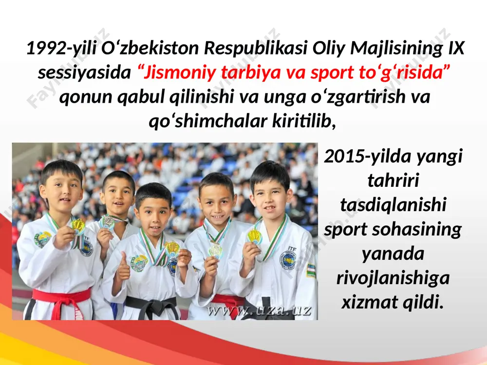 ldi. 1992-yilda oʻzbekistonda kurash federatsiyasi, 2001-yilda belbogʻli kurash federatsiyasi tuzildi. 2000-yilda esa turkiyaning anqara shahrida kurash bo‘yicha 2-jahon chempionati bo‘lib o‘tdi. kurash bo‘yicha xalqaro turnir olimpiada. 1993-yilning sentabrida xalqaro olimpiya qo‘mitasining 101-sessiyasida o‘zbekiston respublikasi milliy olimpiya qo‘mitasi to‘la-to‘kis tan olindi. toshkentda 1996-yil avgustda olimpiya shon-shuhrati muzeyi tashkil etildi. 2016-yilgi olimpiada sovrindorlari 2000–2016-yillar oralig‘idagi yozgi olimpiya va osiyo o‘yinlarida mamlakatimiz sportchilari muvaffaqiyat bilan ishtirok etishdi. futbol. mustaqillik yillarida sportning eng ommaviy turi – futbolga e’tibor davlat siyosati darajasiga ko‘tarildi. dunyoga o‘zbekiston sportchilarining salohiyati va qudratini namoyon etayotgan o‘zbek hakami ravshan ermatov o‘zbekiston futbol federatsiyasining xalqaro toifadagi hakami darajasini va 2003-yildan fifa hakami maqomini olgan. futbol bo‘yicha xalqaro toifadagi hakam r.ermatov u 2008, 2009, 2010, 2011 va 2014-yillarda besh marotaba osiyoning eng yaxshi hakami deb e’tirof etildi. 2018-yil xitoyda o‘tkazilgan 23 yoshgacha bo‘lganlar o‘rtasida o‘tkazilgan osiyo chempionatida o‘zbekiston terma jamoasi g‘oliblikni qo‘lga kiritdi. savol va topshiriqlar: 1. mustaqillikning dastlabki yillarida sport sohasida …