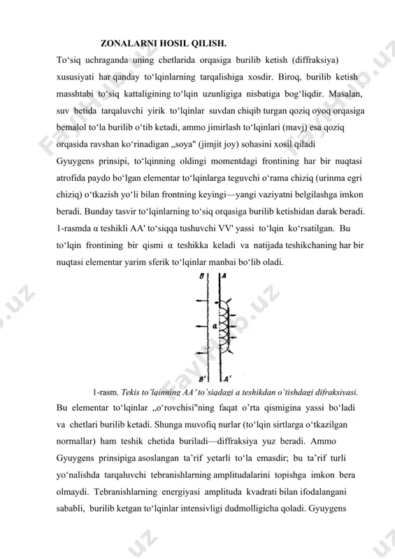 iz. 4-rasmdan ammo (1.1) ga binoan k-zonagacha bo‘lgan rk masofa ro dan kλ/2 miqdorida katta: bundan esa (1.3) λ to‘lqin uzunligini ro masofadan ancha kichik deb hisoblansa (1.4) shundan keyin (1.1) tenglik quyidagicha bo‘ladi: (1.5) ρk radiusli sferik sirtning yuzi (1.6) bundagi h o‘rniga uning (1.5) dagi qiymatini qo‘ysak (1.7) bu segmentga k ta xalqasimon zona joylashadi, shunga binoan bitta ∆s zonaning yuzini shu segment bilan k — 1 ta zonani o‘z ichiga olgan segment yuzining ayirmasi shaklida ifodalash mumkin:bundan (1.8) bundan esa (1.9) shunday qilib, yuqorida ko‘rsatilgan taqribiylikda, zona yuzining kattaligi uning tartib soni — k nomerga bog‘liq emas ekan, ya’ni hamma zonalar taxminan teng yuzli ekan. demak, ayrim zonalardan chiqib r nuqtaga yetib keluvchi tebranishlarning amplitudalari faqat rk masofaga va rk ning yo‘nalishi bilan o‘sha zona sirtiga o‘tkazilgan normal orasidagi burchakka bog‘lik ekan. zonaning k nomeri ortishi bilan rk masofa va og‘ish burchagi ham ortadi, shuning uchun ayrim …