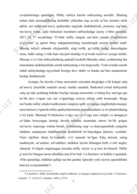 kuni qanday bo‘lishi yoshlarning har tomonlama salohiyati va yetukligiga bog‘liq. birinchi prezidentimiz i.a.karimov aytganlaridek, yosh avlod madaniyatimiz va ma’naviyatimizni, taraqqiyotining intelektual qadriyatlarini kelajak jamiyat a’zolarining ongiga yetkazadi. yoshlar bunday ma’suliyatli vazifani bajarishlari va ularning erkin rivojlanishi ijodiy bunyodkorlik faoliyatiga qulay imkoniyatlar yaratib berish uchun o‘zbekistonda katta amaliy ishlar qilinyapdi. birinchi prezidentimizning vatan manfaatini mustaqillik manfaatini hamma narsadan yuqori qo‘yadigan, qalbida o‘ti va erk tuyg‘usi jo‘shib turgan, g‘ayratli bilimdon yosh kadrlar tayyorlashga alohida e’tibor berib kelayotganligi, ularga katta umid va ishonch bilan qarashi, qo‘llab-quvvatlashi bejiz emas. prezidentimiz i.a.karimovning asarlaridagi bebaho nazariy qoidalar, dastur, yo‘l-yo‘riqlar, xalqimizning, ayniqsa yosh avlodning g‘oyaviy, siyosiy, ma’naviy ma’rifiy dunyoqarashini shakllantirish va faollashtirishda ahamiyati katta bo‘lgan donishmandlik namunasidir. ota-bobolarimiz bizga qoldirgan boy ilmiy meros, kelajak avlodning tafakkur, dunyoqarashini, milliy va umuminsoniy qadriyatlar asosida shakllantirib, ularning bunyodkorlik faolligini oshirishda mustaqillik poydevorini mustahkamlashning asosiy garovidir. "xalqning ma’naviyati va madaniyati uning, haqiqiy tarixi va o‘ziga xosligi - deb yozadi prezidentimiz i.a. …