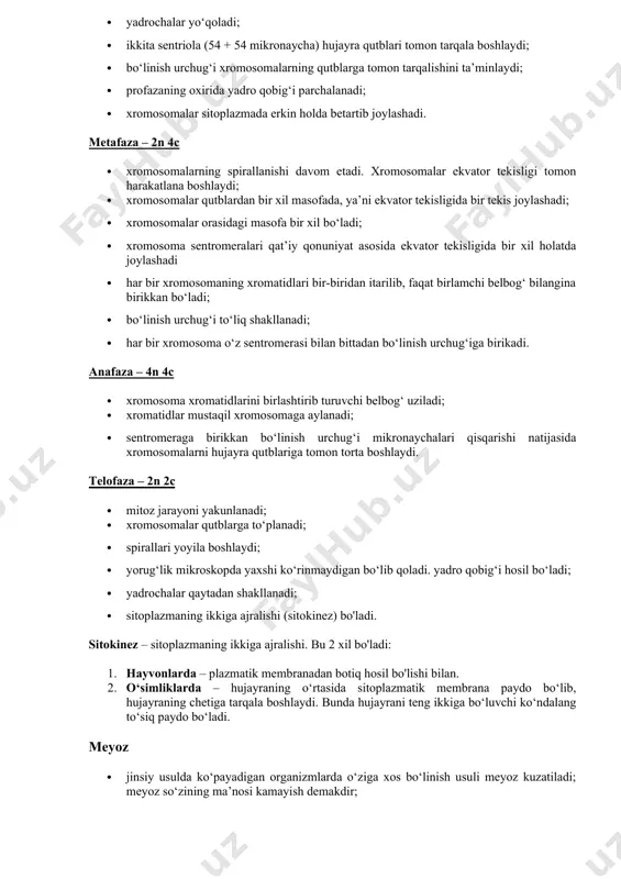 uli meyoz kuzatiladi; meyoz so‘zining ma’nosi kamayish demakdir; · meyoz natijasida diploid to‘plamga ega bo‘lgan birlamchi jinsiy hujayralardan gaploid to‘plamli jinsiy hujayralar hosil bo‘ladi; · meyoz ketma-ket keladigan ikkita bo‘linish bosqichlaridan iborat; · har bir meyoz bo‘linish xuddi mitoz singari to‘rt bosqichga: profaza, metafaza, anafaza, telofazaga bo‘linadi; · ularni farq qilish uchun birinchi bo‘linish fazalari oldiga i, ikkinchi bo‘linish fazalari oldiga ii raqami qo‘yiladi. interfaza – bir mitozdan ikkinchi mitozgacha bo‘lgan tayyorlanish davri. interfazaning 3 davri: 1) g1 davr – 2n 2c · dnk sinteziga tayyorgarlik bosqichi; · oqsil va rnklar juda tezlik bilan sintezlanadi; · dnk sintezida ishtirok etadigan fermentlarning faolligi ortadi; · hujayra jadal o‘sadi. 2) s davr – 2n 4c · dnk molekulasi ikki hissa ortadi; · dnkning ikki hissa ortishi natijasida har bir xromosomada ikki barobar ko‘p dnk hosil bo‘ladi. 3) sintezdan keyingi davr g2 – 2n 4c · mitozga tayyorgarligini yakunlaydi. profaza i (2n 4c) …