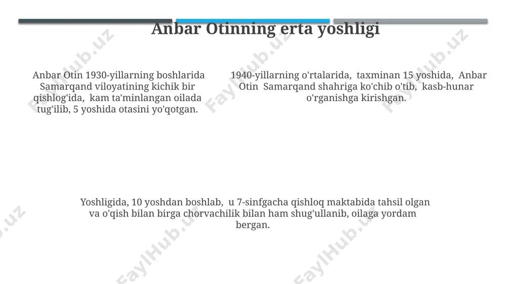 хотира ва мерос" асарида 1940-йиллардаги бухоро вилоятининг қишлоқ ҳаёти, 20 га яқин персонаж орқали ёрқин тасвирланган. oila va ta'lim "oila va ta'lim"da anbar otin toshkent shahridagi o'z tajribalari asosida 3 yillik tadqiqot natijalarini, 100 dan ziyod oila bilan o'tkazilgan intervyular va kuzatishlar natijalarini umumlashtiradi. kitobda oiladagi psixologik muammolar, jumladan, 20 dan ortiq turdagi konfliktlarni bartaraf etishning amaliy yo'llari va bolaning shaxsiyatini shakllantirishda ota-onalarning 5 ta asosiy vazifasi batafsil ko'rib chiqiladi. "oila va ta'lim" kitobida anbar otin oilaviy tarbiya masalalariga oid 150 dan ortiq maslahat va tavsiyalarni, jumladan, 7-17 yoshdagi bolalar bilan muloqot usullarini samarqand viloyati misolida bayon etadi. dastlabki she'rlari anbar otinning "dastlabki she'rlari" to'plamiga 1960-yillarning boshlarida toshkent shahrida yozilgan she'rlari kiritilgan bo'lib, ularning aksariyati yoshlik romantikasiga bag'ishlangan. "dastlabki she'rlari" to'plami anbar otin ijodining dastlabki bosqichini aks ettirib, uning she'riy tilining shakllanishida samarqand va buxoro she'riyat maktablari ta'sirini ko'rsatadi. to'plamda 20 dan ortiq lirik she'r mavjud bo'lib, ularning ba'zilari "sharqona" …