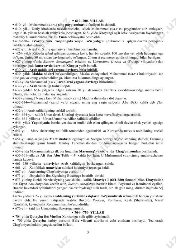 m imperiyasi qulaguniga qadar kechgan voqealar qadimgi dunyo tarixini vujudga keltiradi. · 484-yilda pero'z eftaliylarga qarshi uchinchi marta yurishga otlanadi. bu galgi urush sosoniylar shohining halokati bilan tugaydi. · 486- yil - franklar davlati tashkil topdi. xlodvig davlatning asoschisi bo ‘ldi. u frank qabilalari ustidan hukmronlik o'rnatgan va shimoliy galliyani egallagan. shu tariqa franklar davlati (hozirgi fransiya shu nomdan olingan) tashkil topgan. bu davlat qirollik davlati edi. · 486- yilda franklar davlatida xlodvig va uning qurolli kuchlari xristian dinini qabul qildilar. tez orada barcha franklar shu dinga o'tganlar. · 488-531-- pero'z vorislari kubod (488-531), anushervon (531-579) hukmronlik qilgan davrlarda eftaliylar bilan munosabatlar ancha yumshab, tinchlik tusini olgan. · 500 -600- yillar · 527 – 565-y.- vizantiya imperator yustinian davrida g'oyatda yuksalgan. · 531-579-- anushervon (531-579) hukmronlik qilgan davrlarda eftaliylar bilan munosabatlar ancha yumshab, tinchlik tusini olgan. · 531-579--- xusrav i anushervon (531-579) tashabbusi bilan yuzaga kelgan o'zaro harbiy ittifoq eron …
